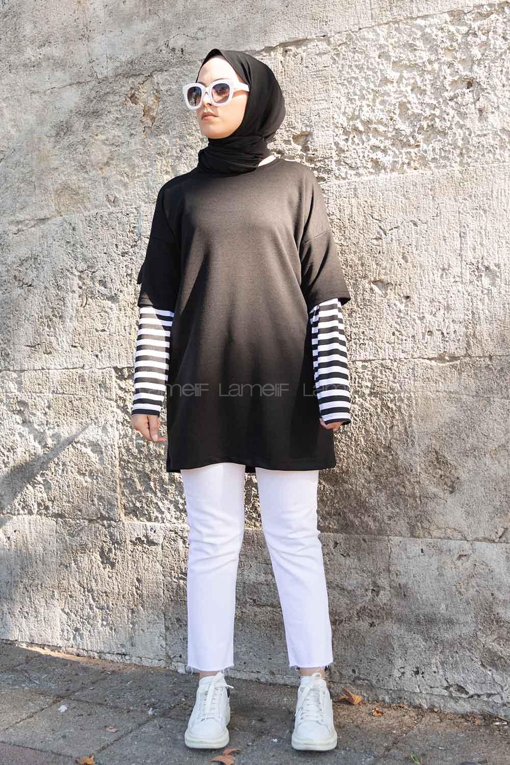 Modalamelif Kol Çizgili Sweatshirt Siyah