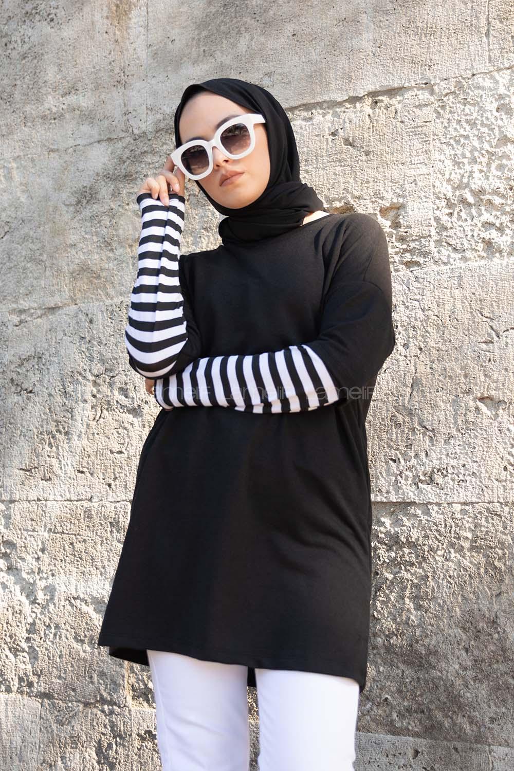 Modalamelif Kol Çizgili Sweatshirt Siyah