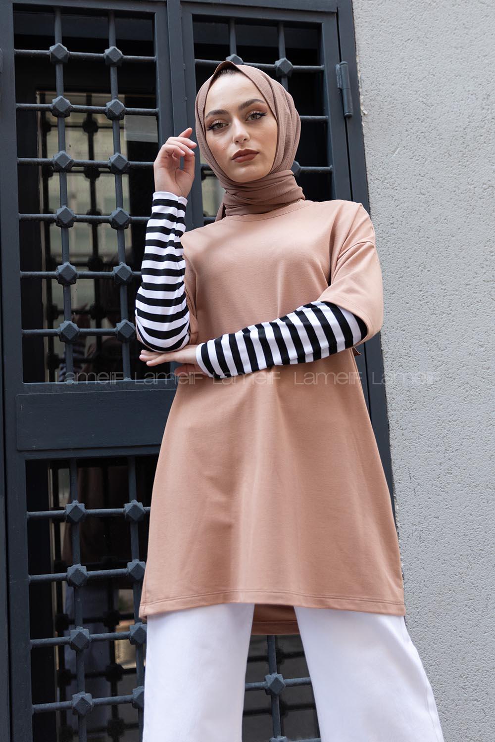 Modalamelif Kol Çizgili Sweatshirt Sütlü Kahve