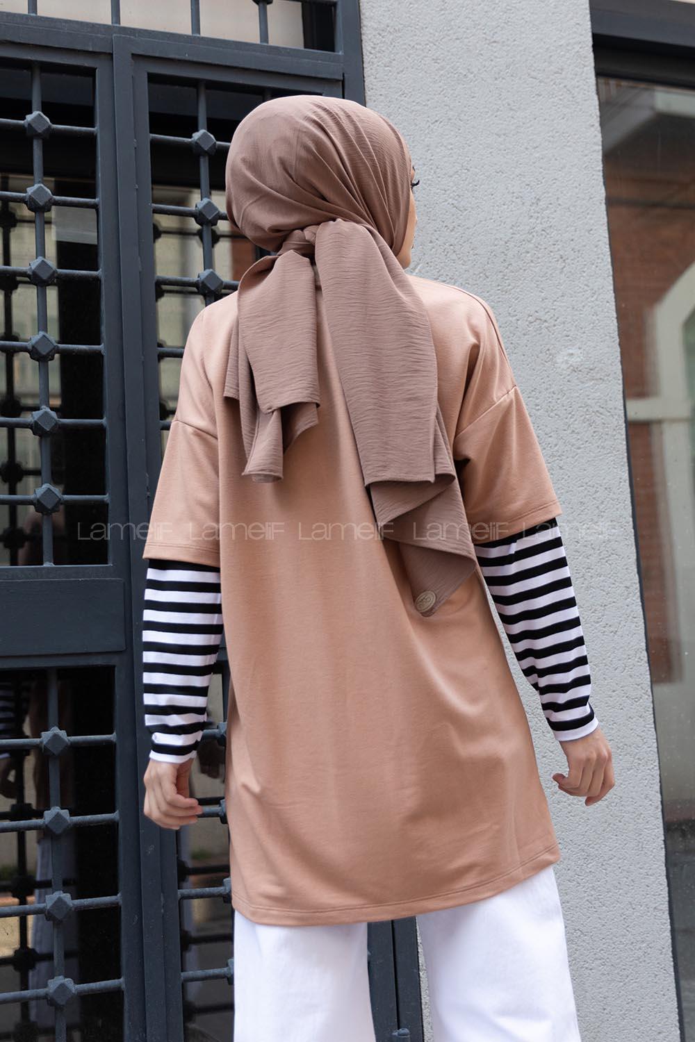 Modalamelif Kol Çizgili Sweatshirt Sütlü Kahve