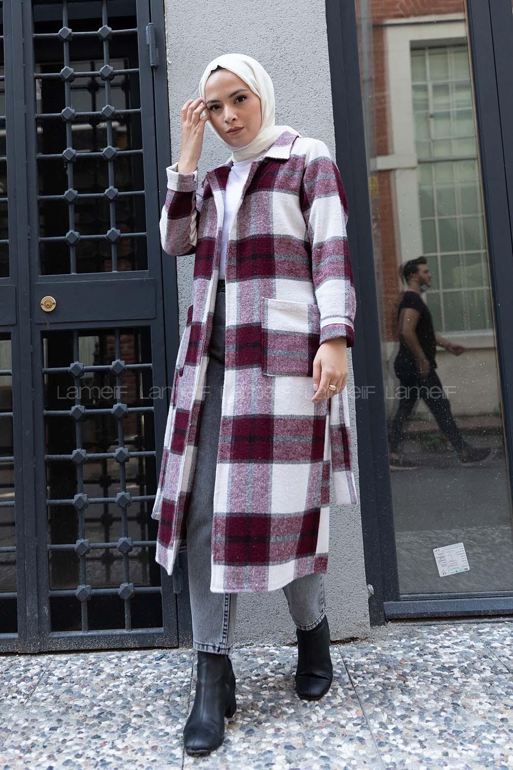 Modalamelif Körük Cepli Ekose Trenç Bordo