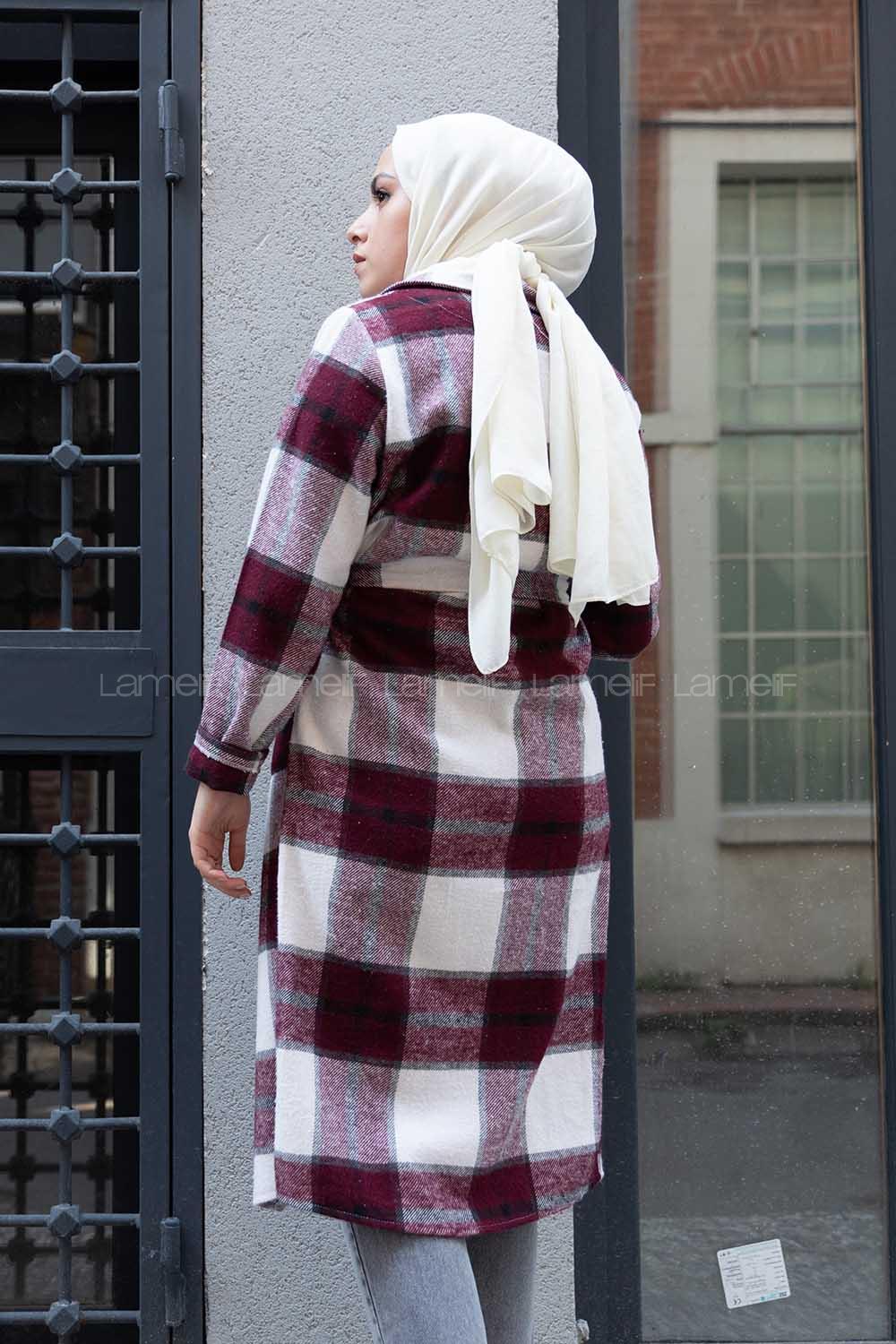 Modalamelif Körük Cepli Ekose Trenç Bordo