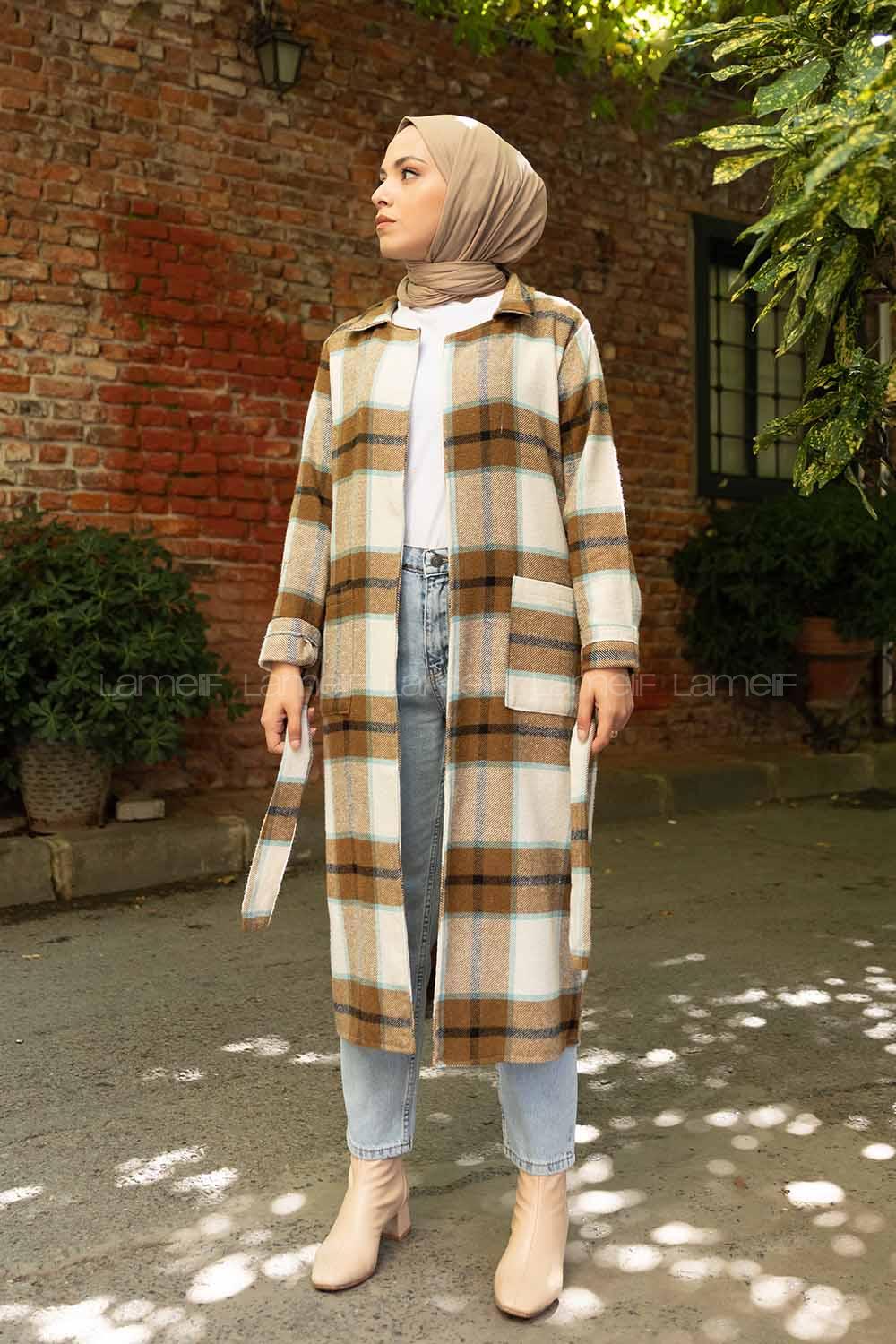 Modalamelif Körük Cepli Ekose Trenç Hardal