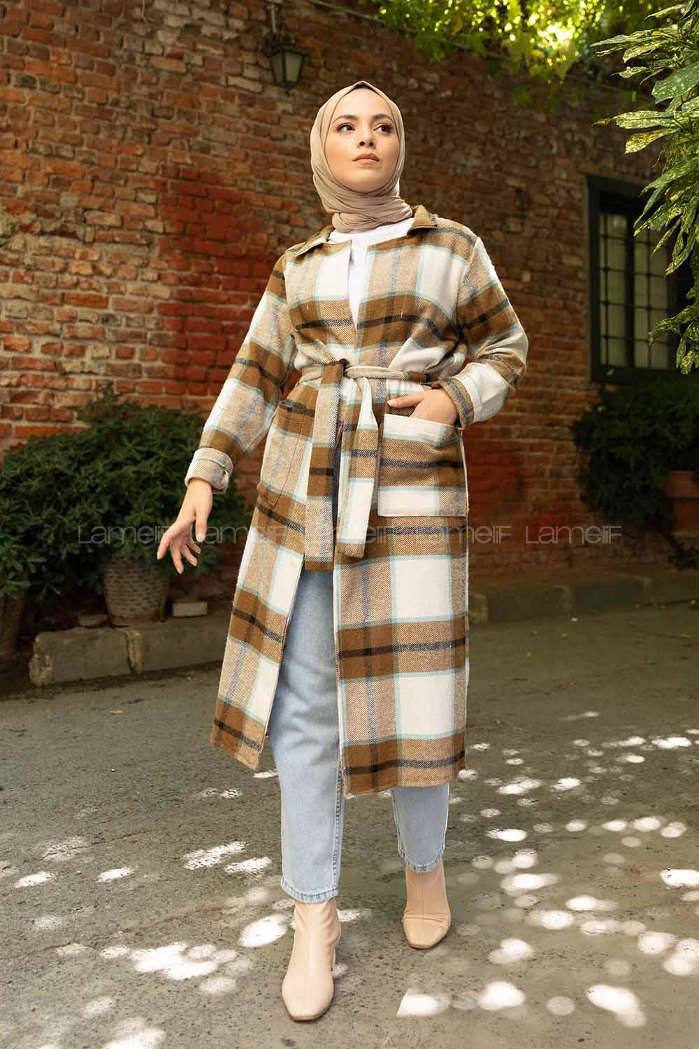 Modalamelif Körük Cepli Ekose Trenç Hardal