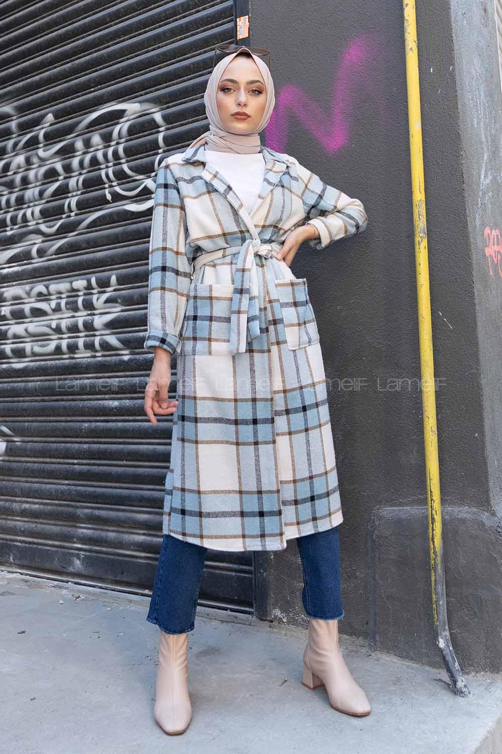 Modalamelif Körük Cepli Ekose Trenç Turkuaz