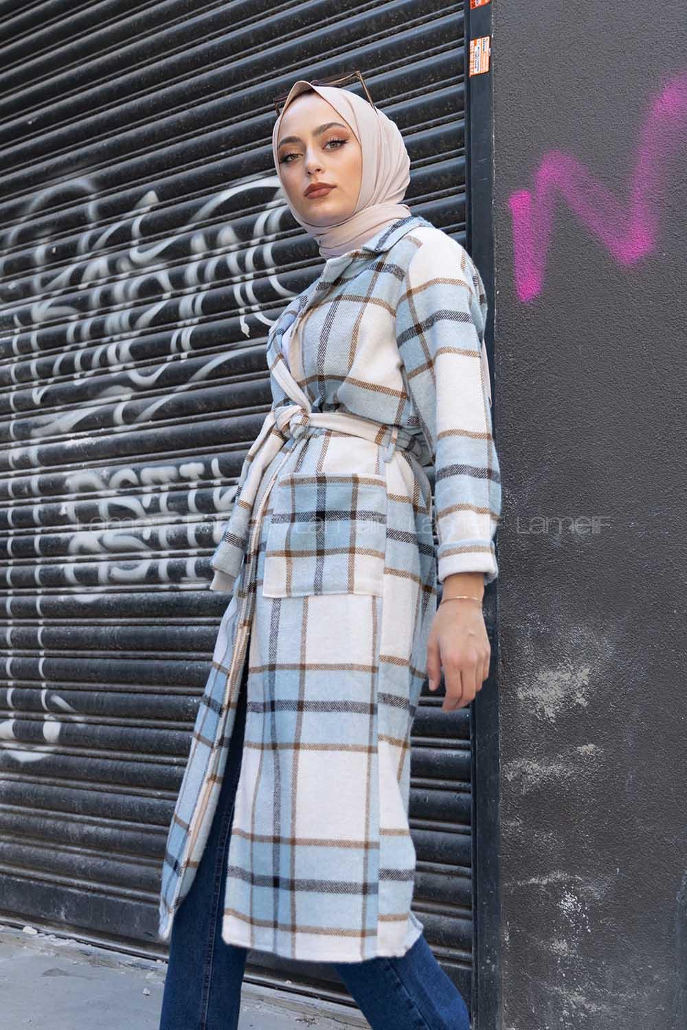 Modalamelif Körük Cepli Ekose Trenç Turkuaz