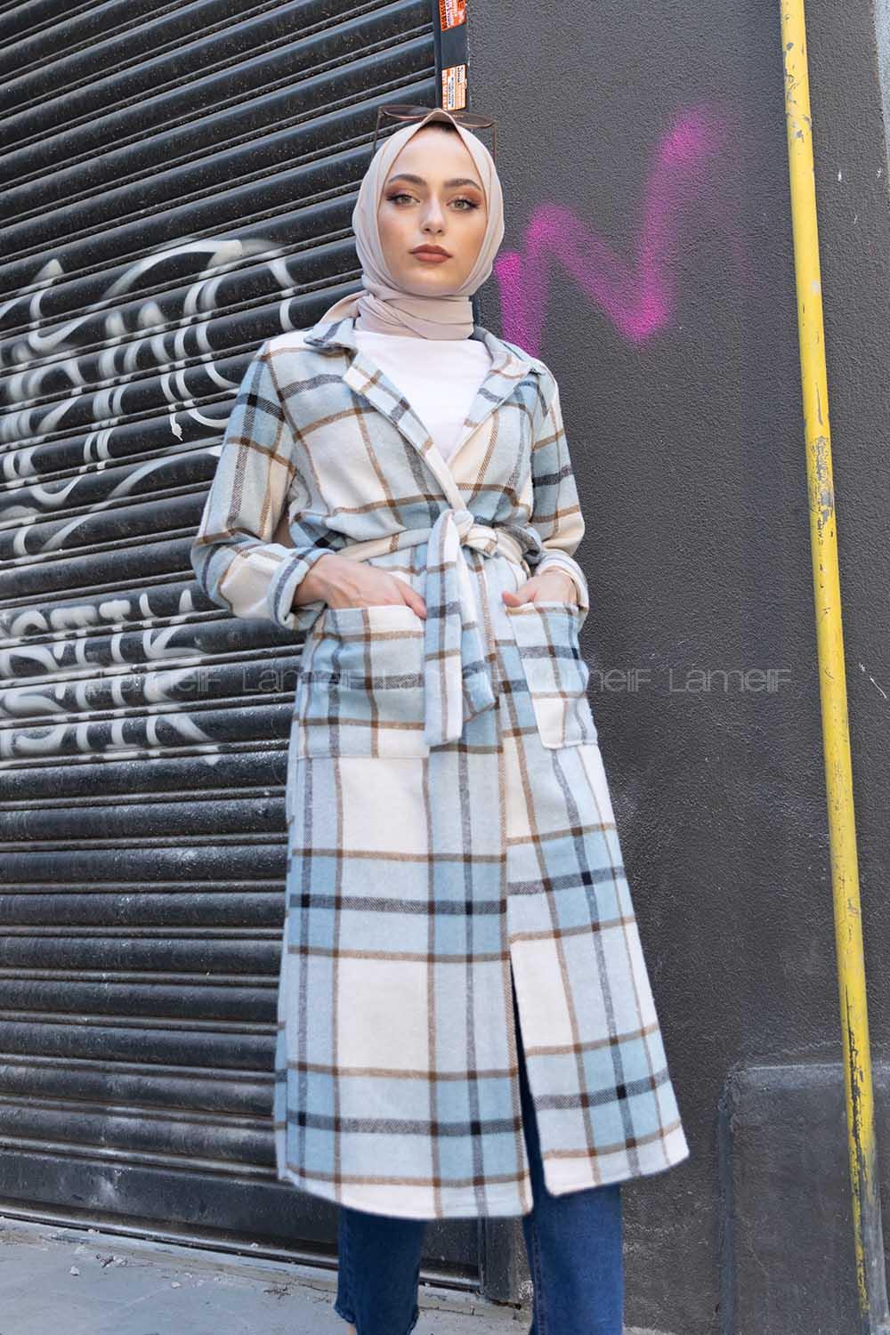 Modalamelif Körük Cepli Ekose Trenç Turkuaz