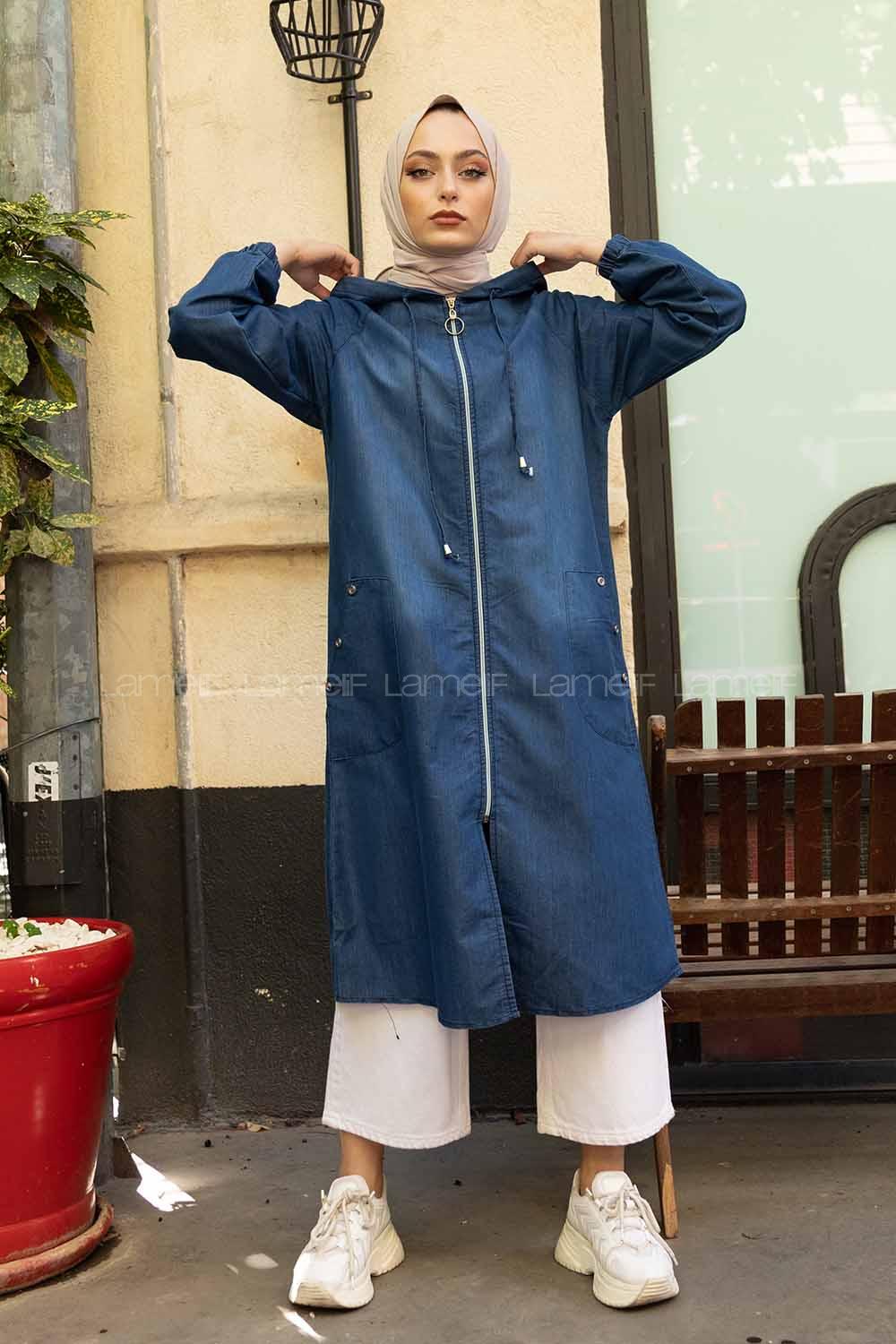 Modalamelif Önü Fermuarlı Kapşonlu Kot Kap Koyu Mavi