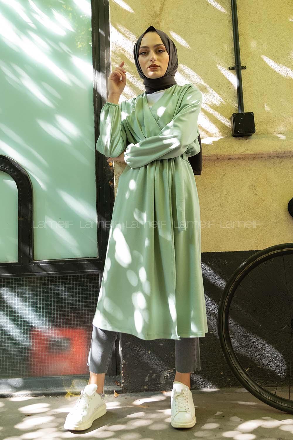 Modalamelif Yan Belden Bağlamalı Trenç Çağla Yeşili