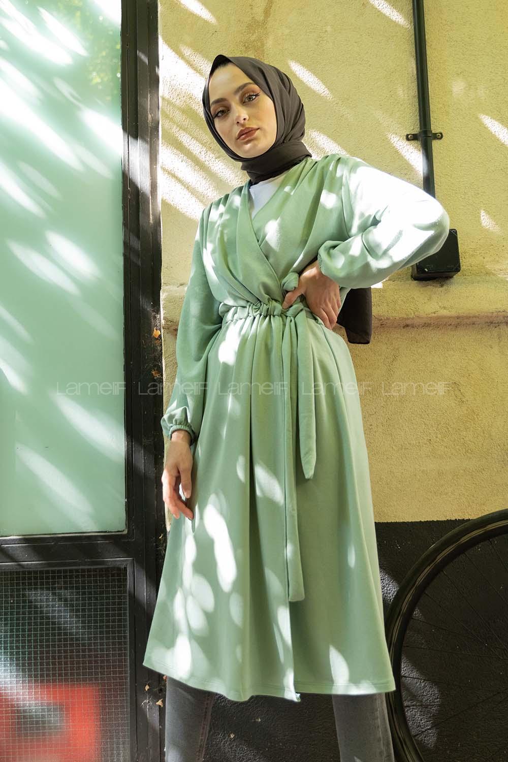 Modalamelif Yan Belden Bağlamalı Trenç Çağla Yeşili