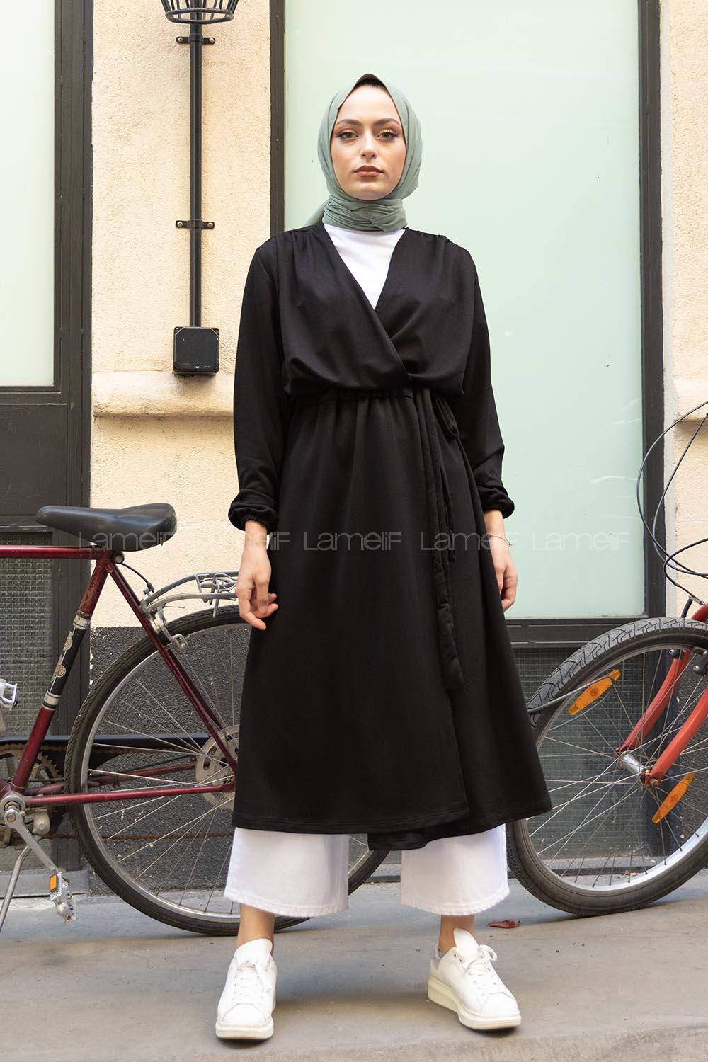 Modalamelif Yan Belden Bağlamalı Trenç Siyah