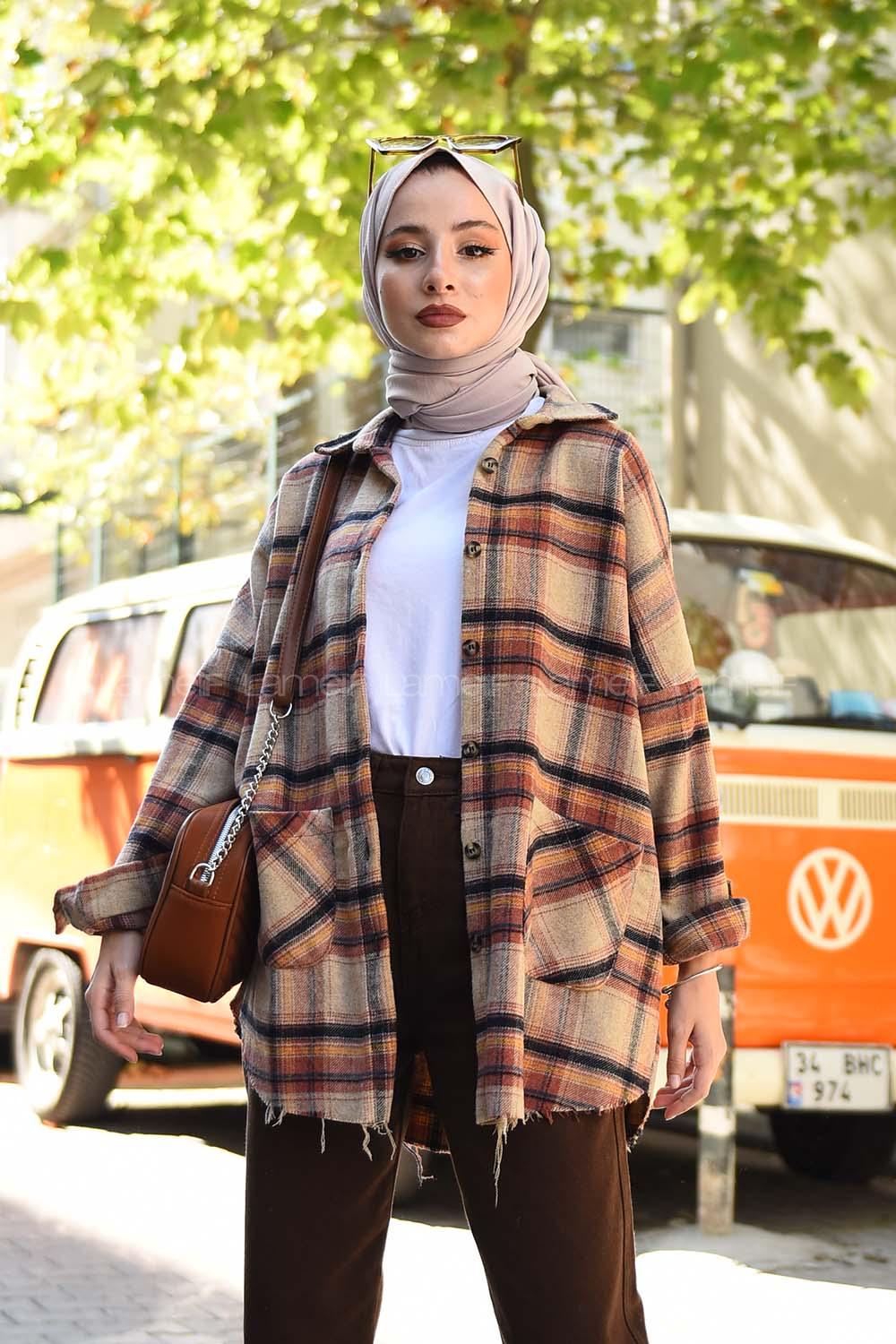 Modalamelif Yarasa Kol Oduncu Gömlek Bej Kiremit