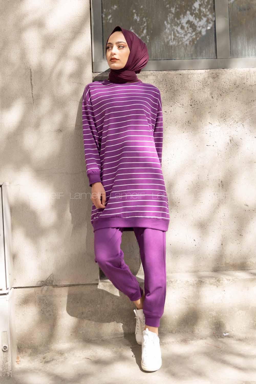 Modalamelif Bisiklet Yaka Çizgili İkili Takım Mor