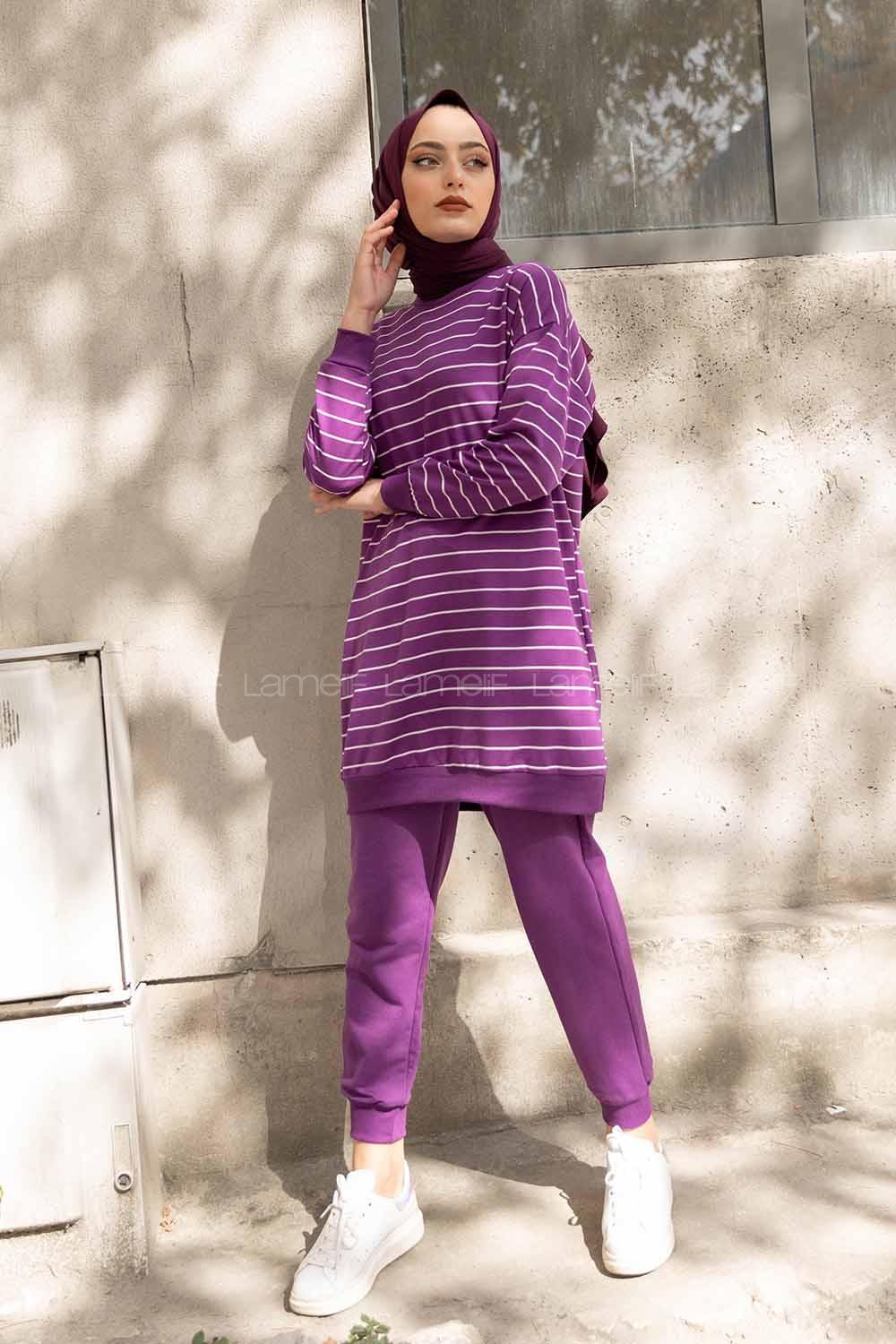 Modalamelif Bisiklet Yaka Çizgili İkili Takım Mor