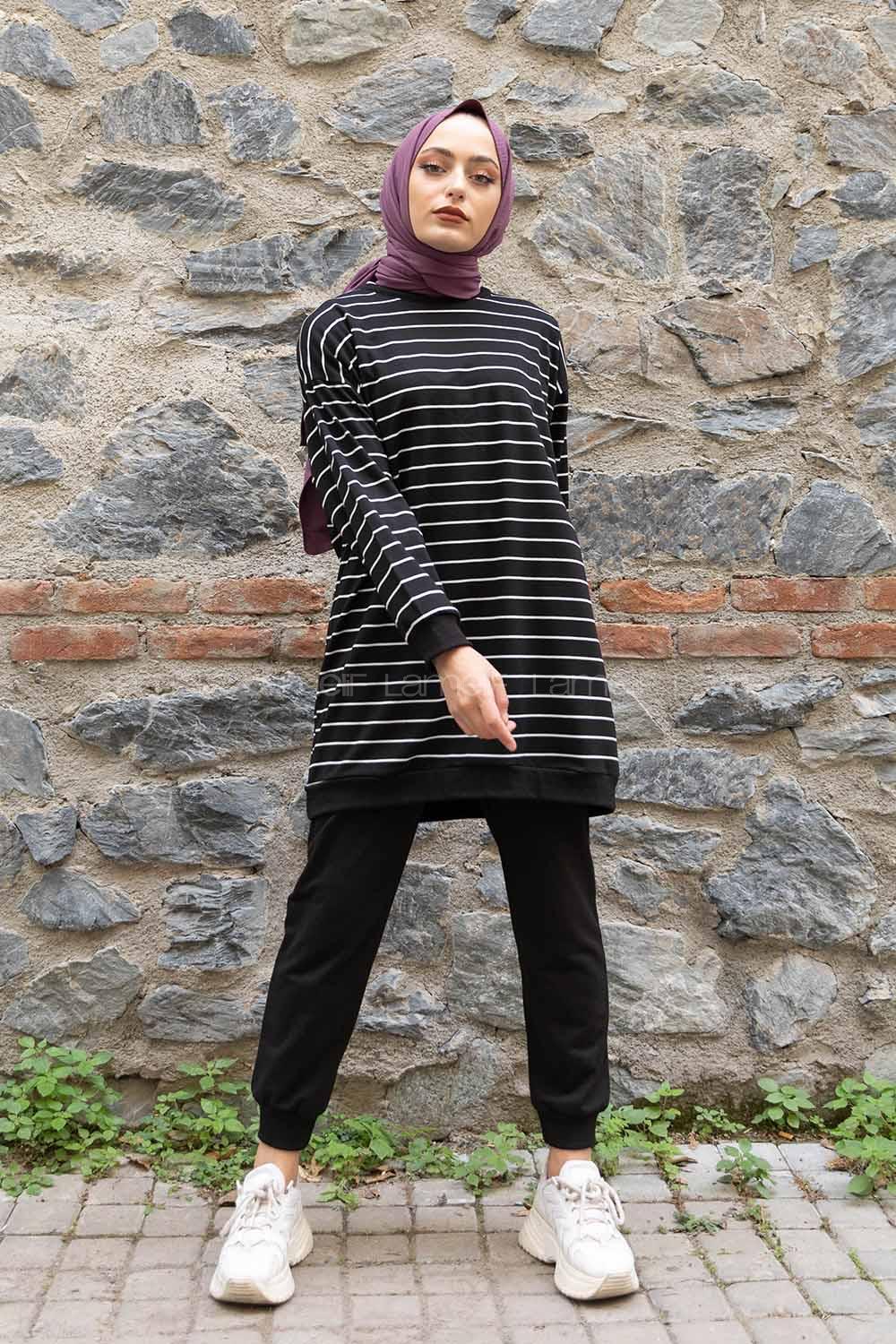 Modalamelif Bisiklet Yaka Çizgili İkili Takım Siyah