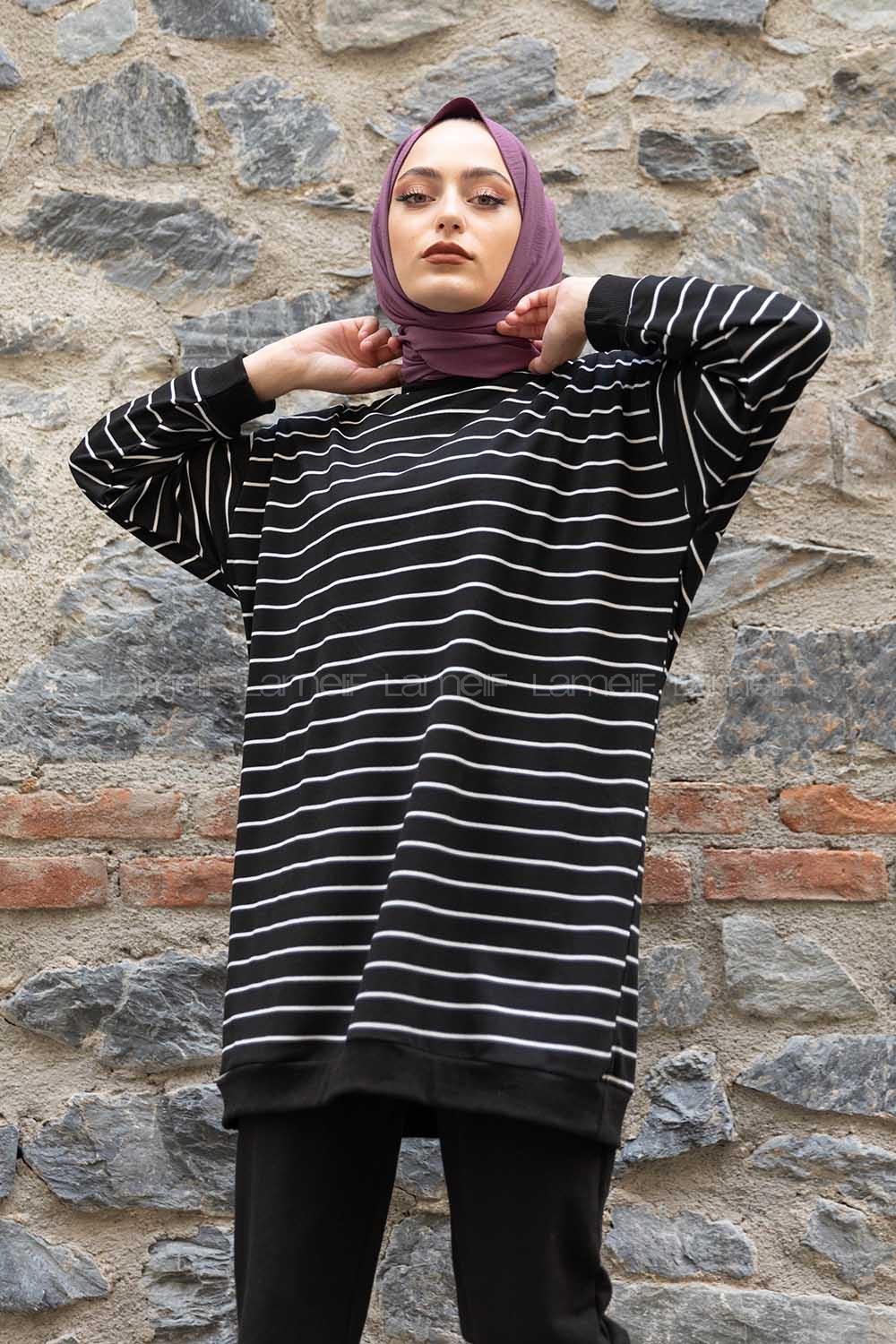 Modalamelif Bisiklet Yaka Çizgili İkili Takım Siyah