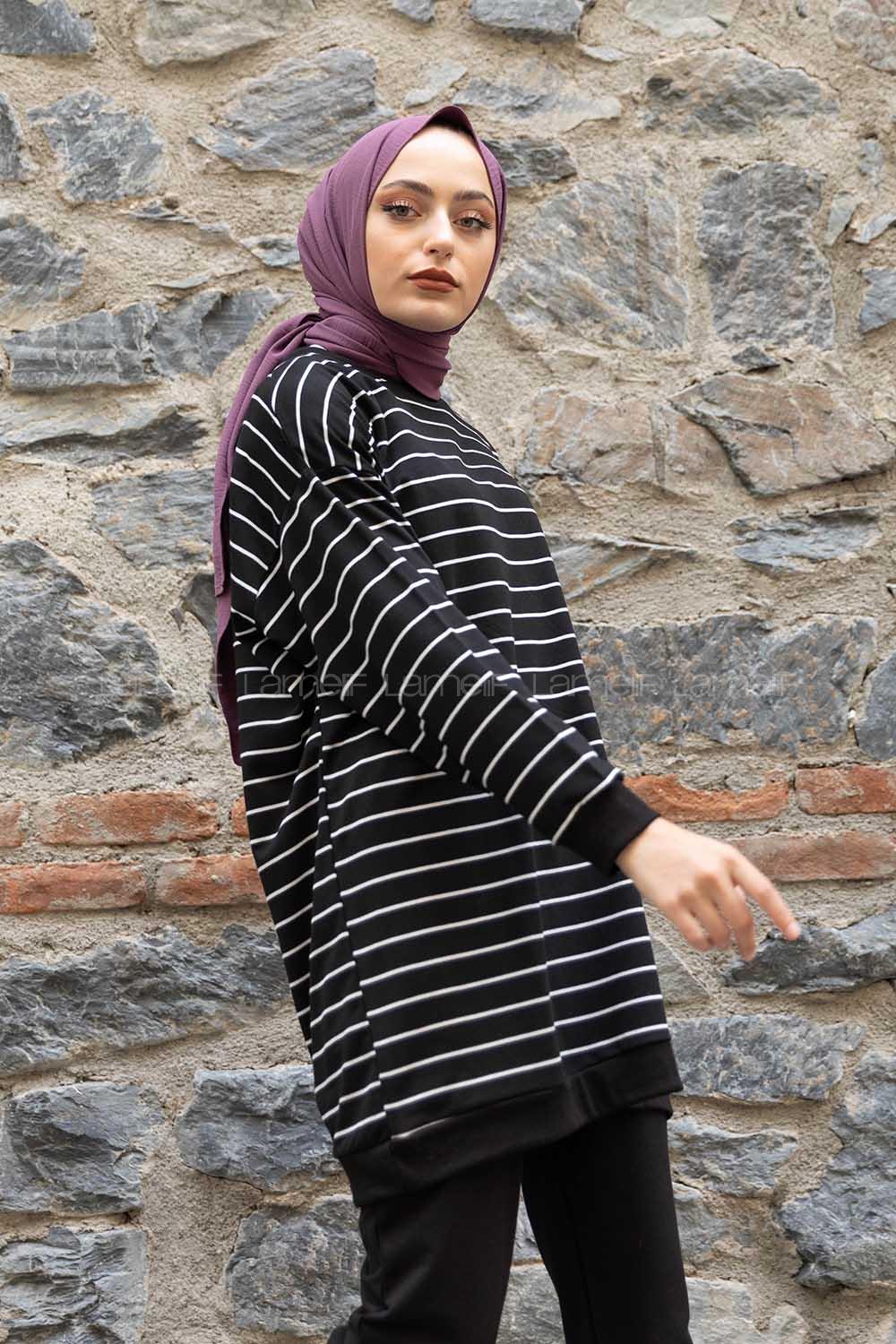 Modalamelif Bisiklet Yaka Çizgili İkili Takım Siyah