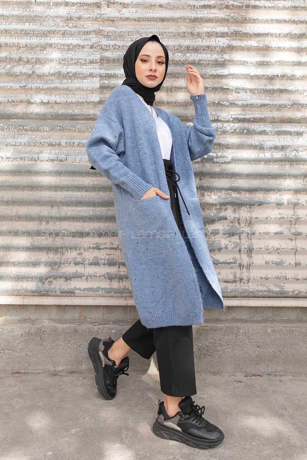 Modalamelif Çift Cepli Uzun Hırka İndigo