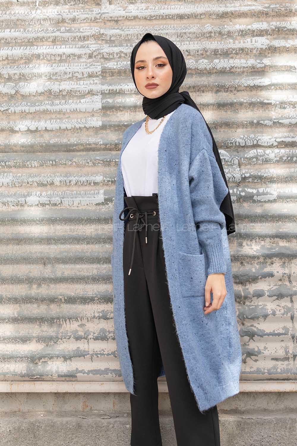 Modalamelif Çift Cepli Uzun Hırka İndigo