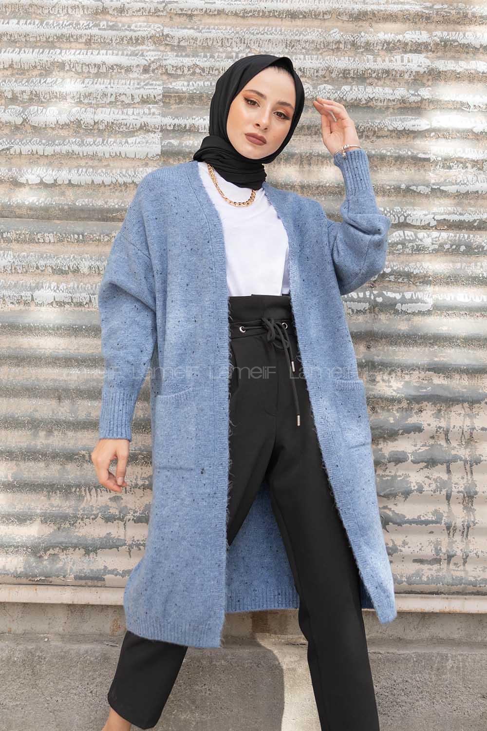 Modalamelif Çift Cepli Uzun Hırka İndigo