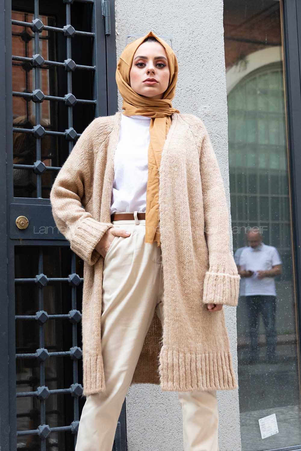 Modalamelif Duble Kollu Triko Hırka Karamel