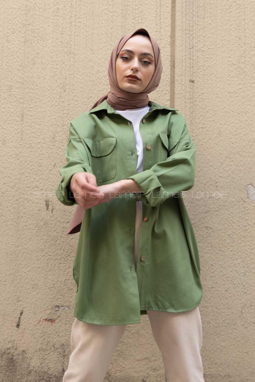 Modalamelif Kapak Cepli Oversize Gömlek Çağla