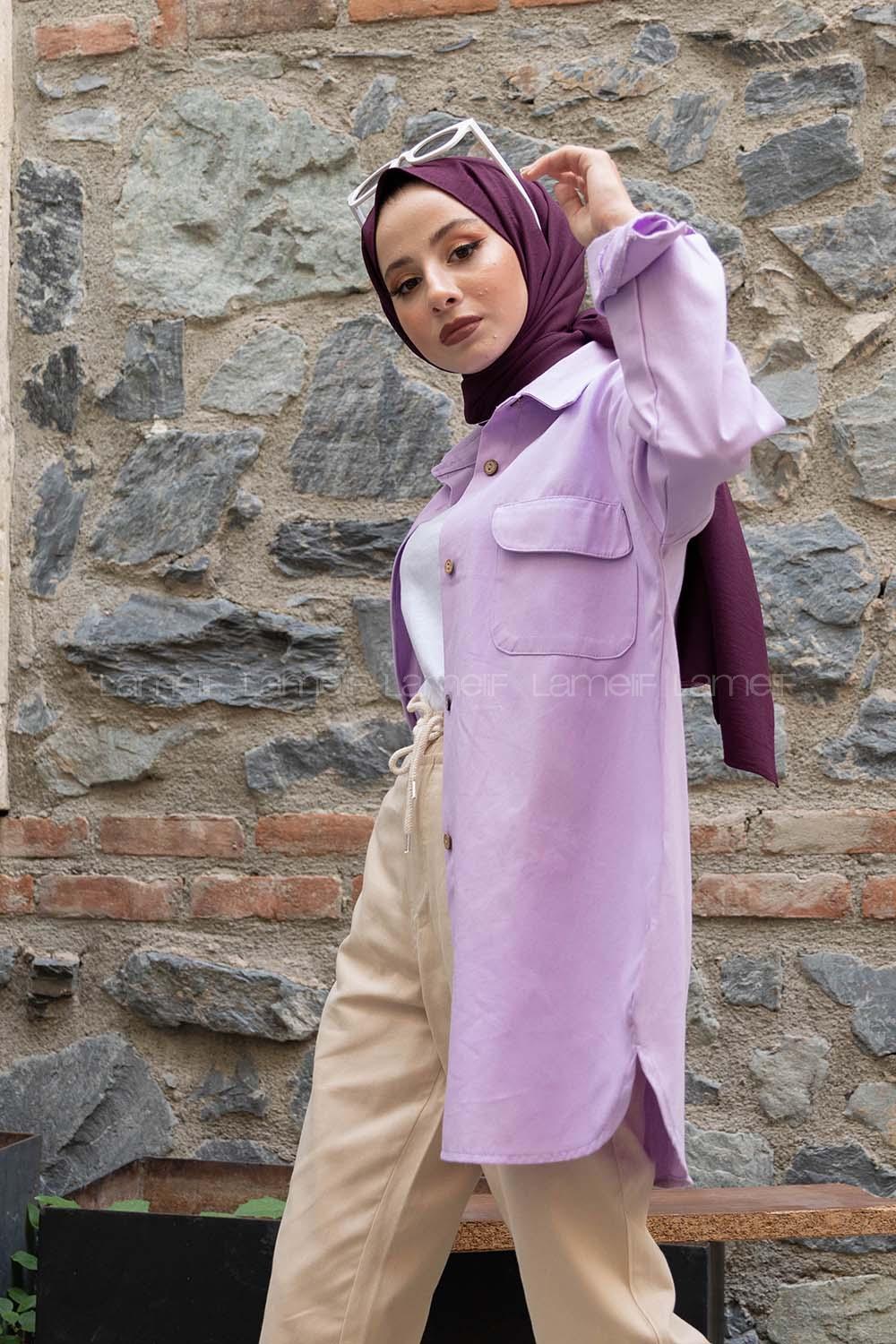 Modalamelif Kapak Cepli Oversize Gömlek Lila