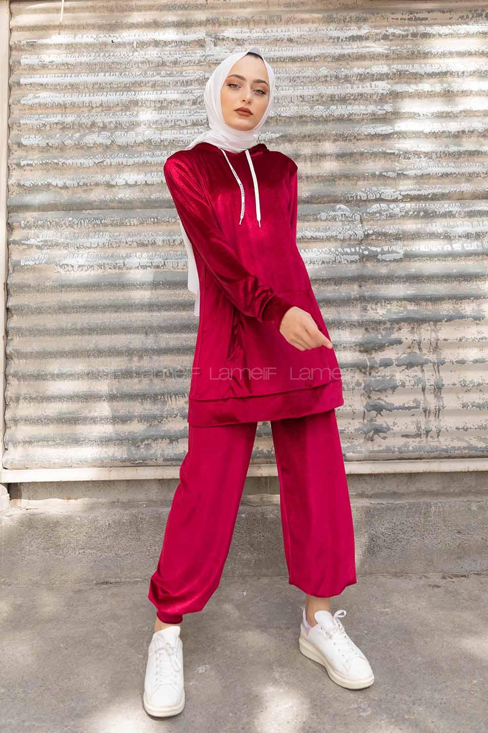 Modalamelif Kapşonlu Kadife İkili Takım Bordo