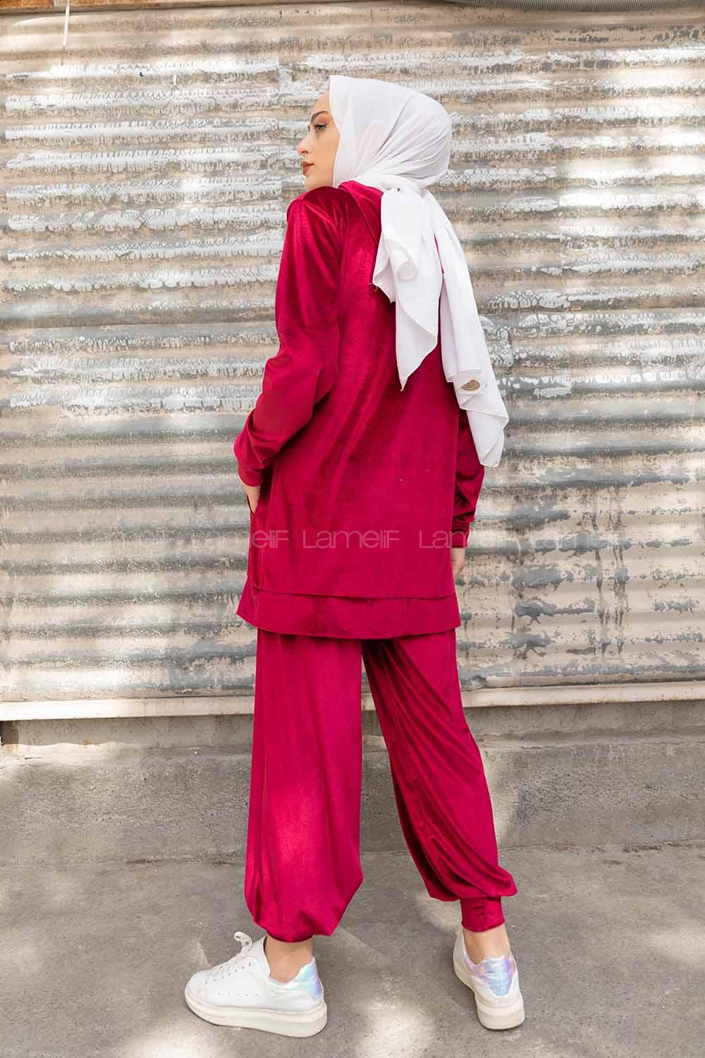Modalamelif Kapşonlu Kadife İkili Takım Bordo