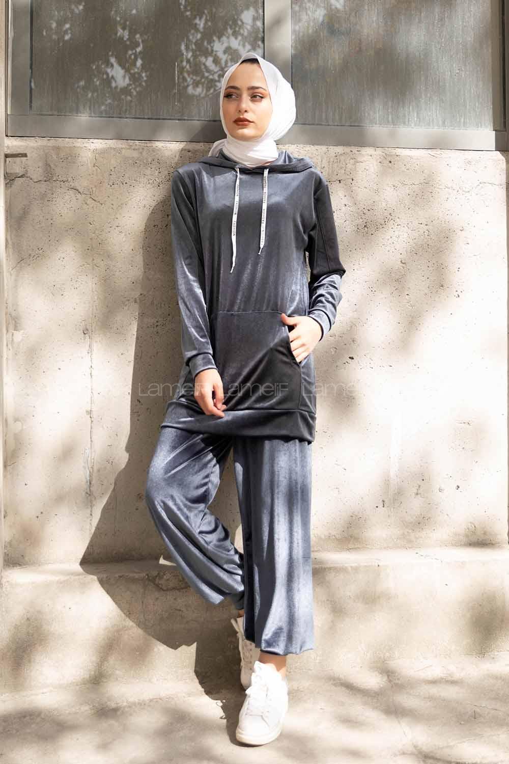 Modalamelif Kapşonlu Kadife İkili Takım Gri