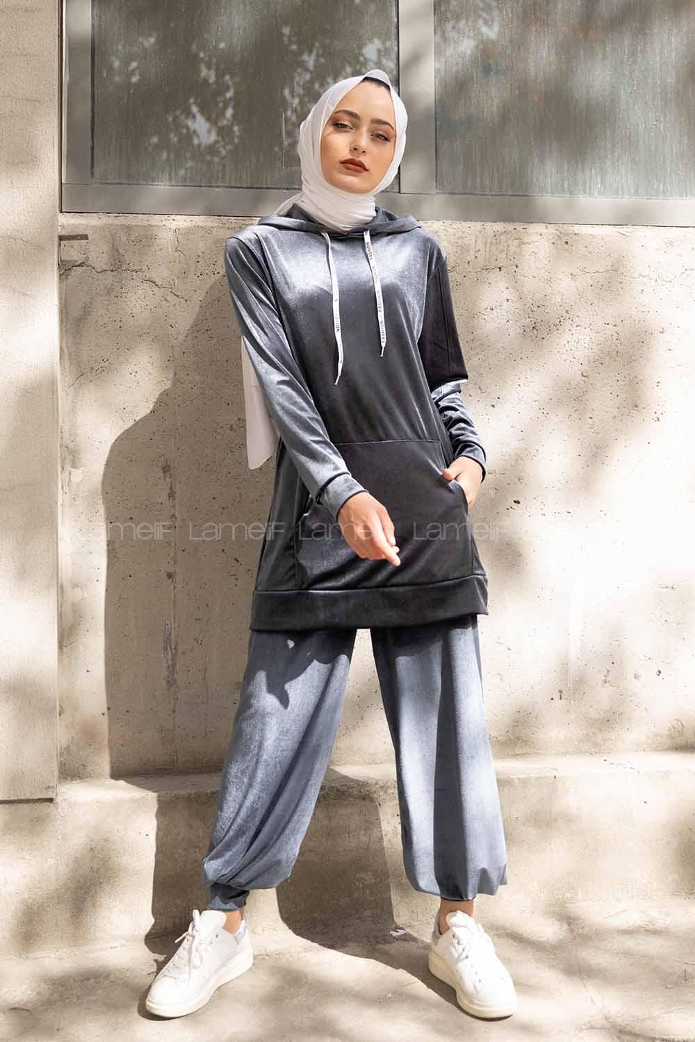 Modalamelif Kapşonlu Kadife İkili Takım Gri