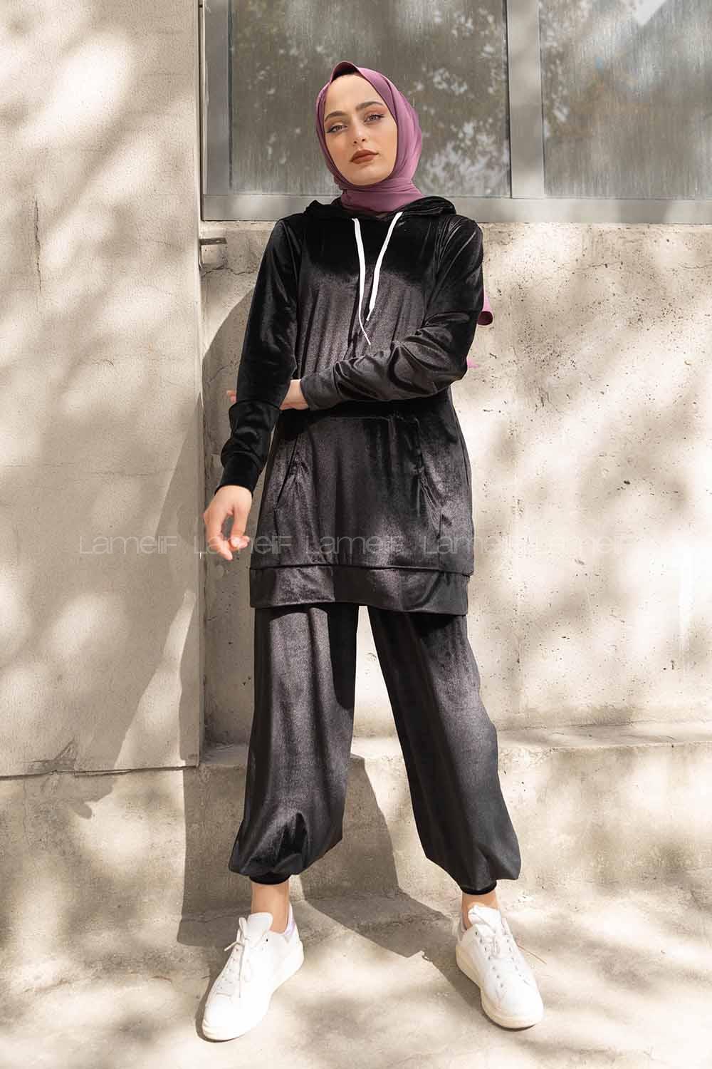 Modalamelif Kapşonlu Kadife İkili Takım Siyah