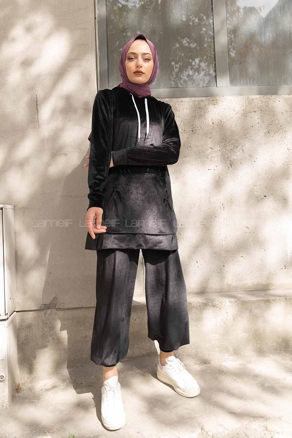 Modalamelif Kapşonlu Kadife İkili Takım Siyah