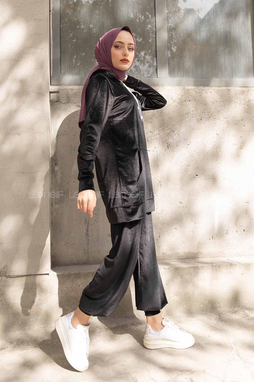 Modalamelif Kapşonlu Kadife İkili Takım Siyah