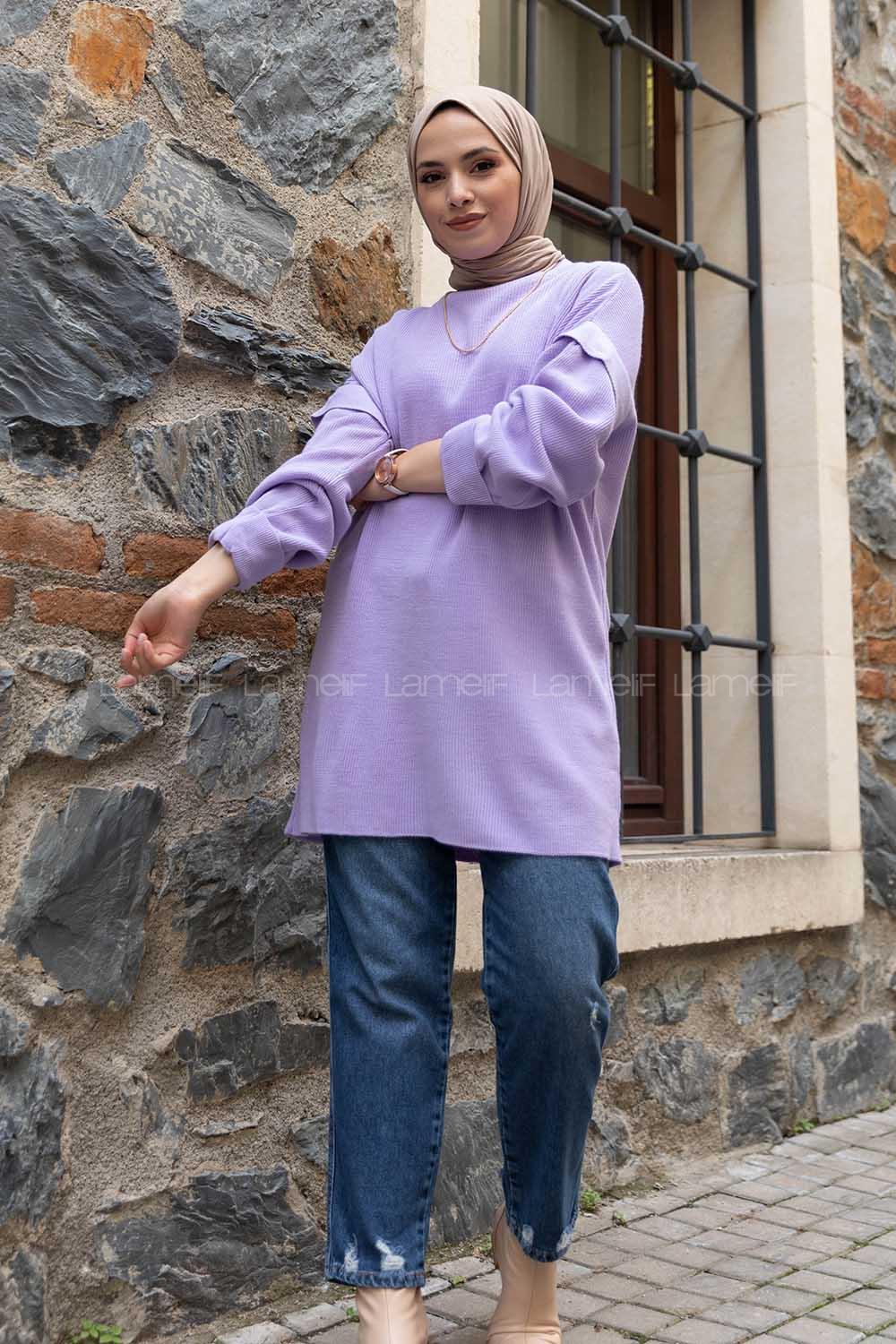 Modalamelif Kolu Volanlı Triko Tunik Lila