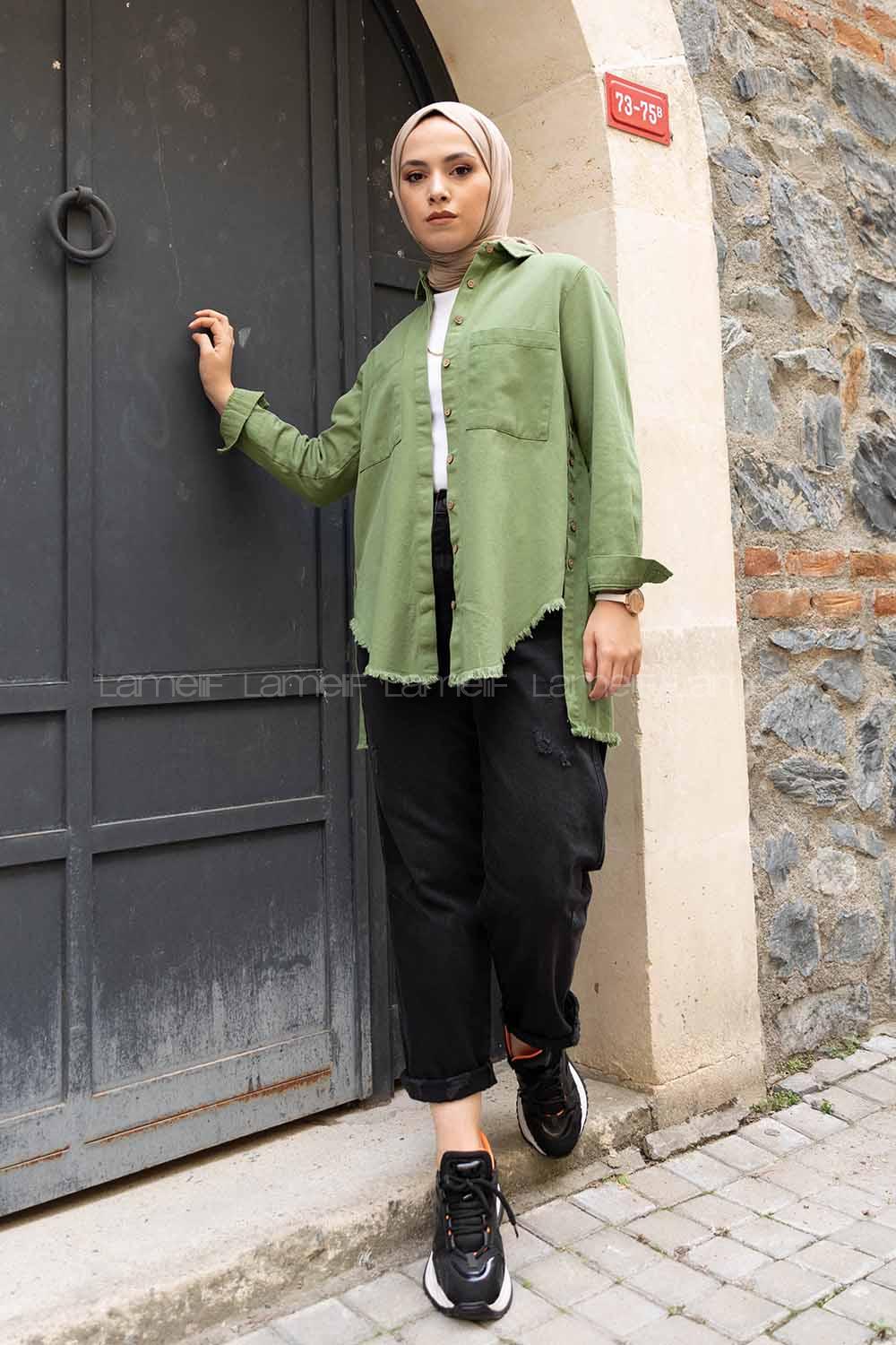 Modalamelif Önü Gizli Düğmeli Etek Ucu Püsküllü Ceket Haki