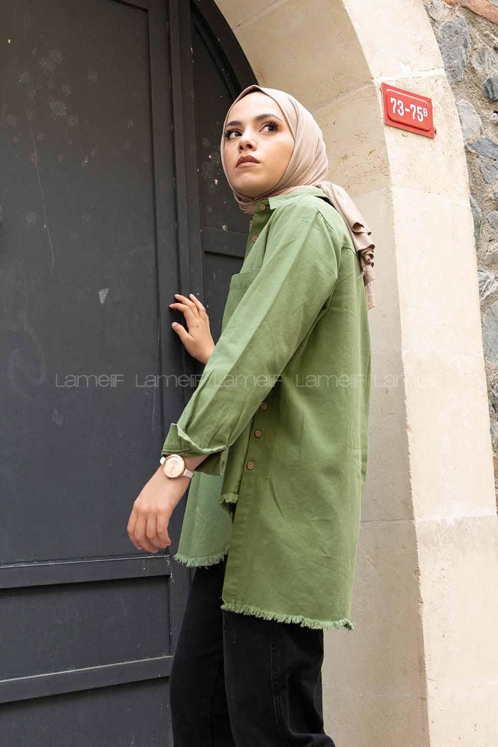 Modalamelif Önü Gizli Düğmeli Etek Ucu Püsküllü Ceket Haki