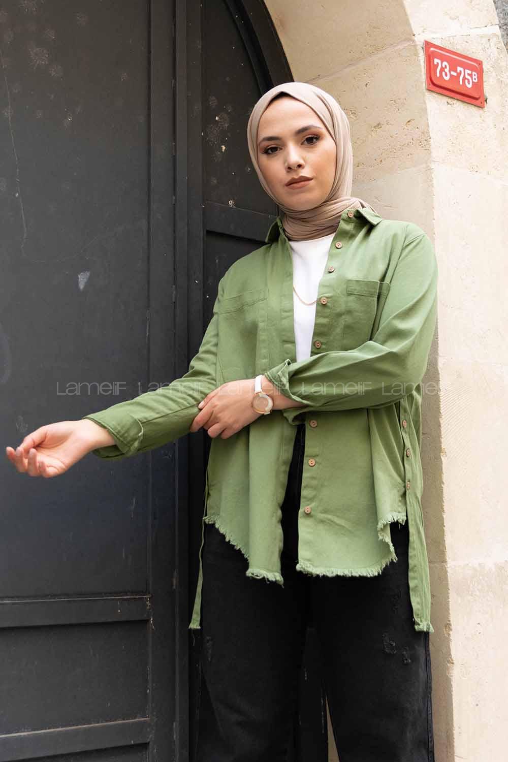 Modalamelif Önü Gizli Düğmeli Etek Ucu Püsküllü Ceket Haki