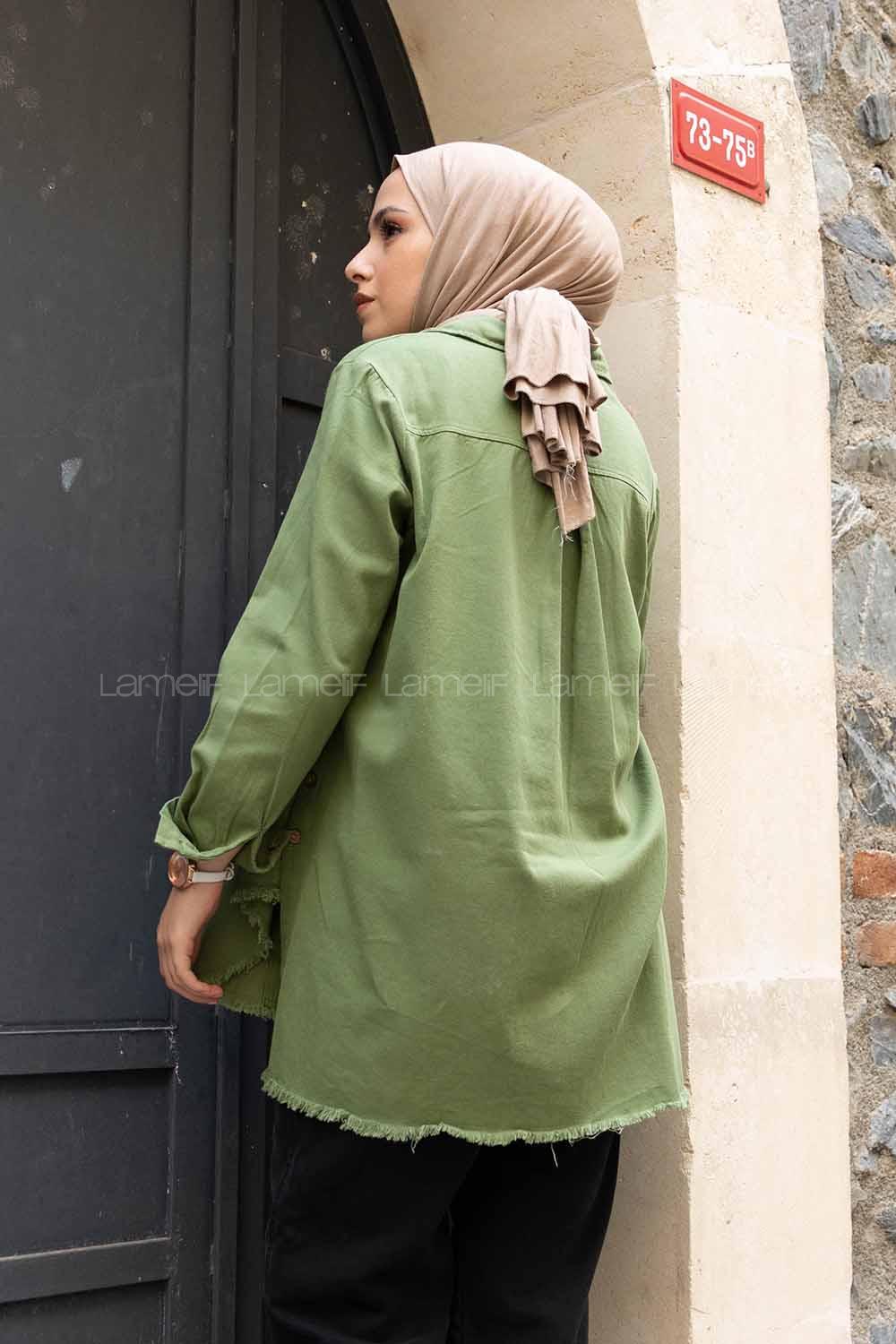 Modalamelif Önü Gizli Düğmeli Etek Ucu Püsküllü Ceket Haki