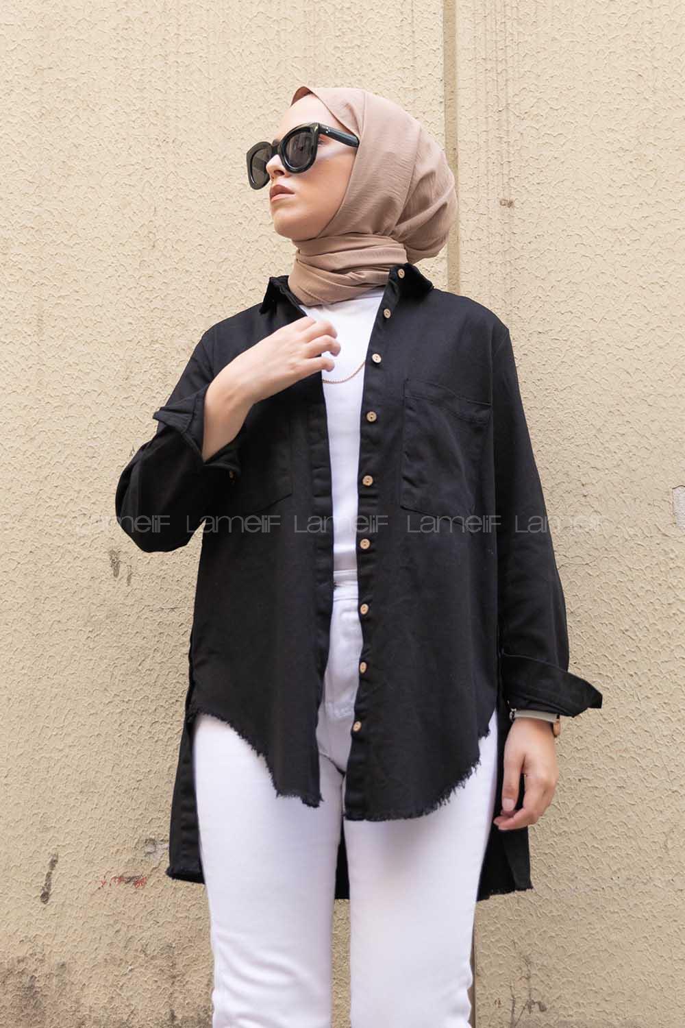 Modalamelif Önü Gizli Düğmeli Etek Ucu Püsküllü Ceket Siyah