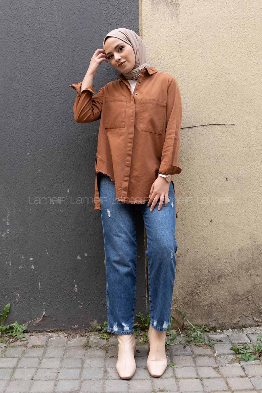 Modalamelif Önü Gizli Düğmeli Etek Ucu Püsküllü Ceket Taba