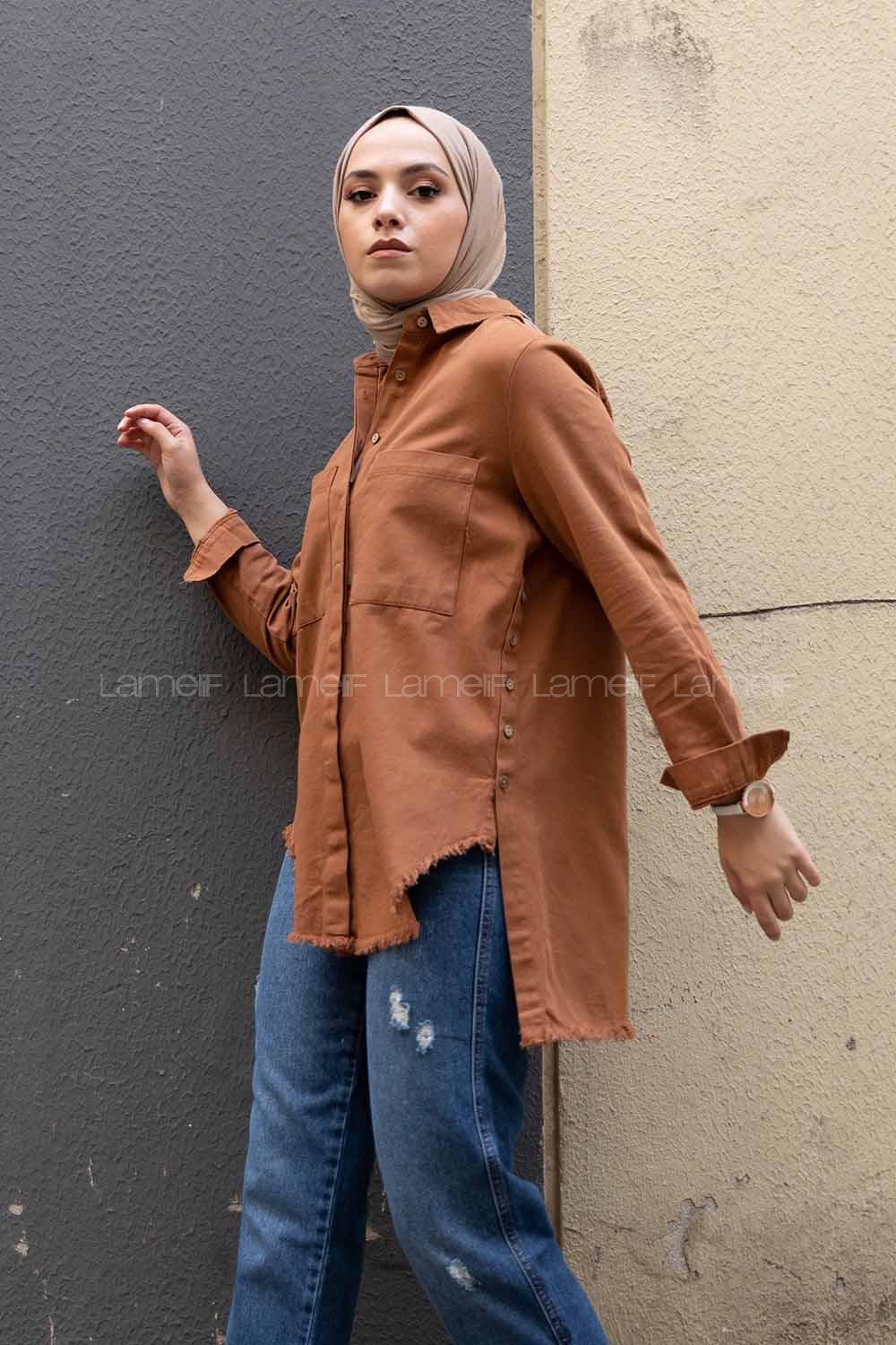 Modalamelif Önü Gizli Düğmeli Etek Ucu Püsküllü Ceket Taba