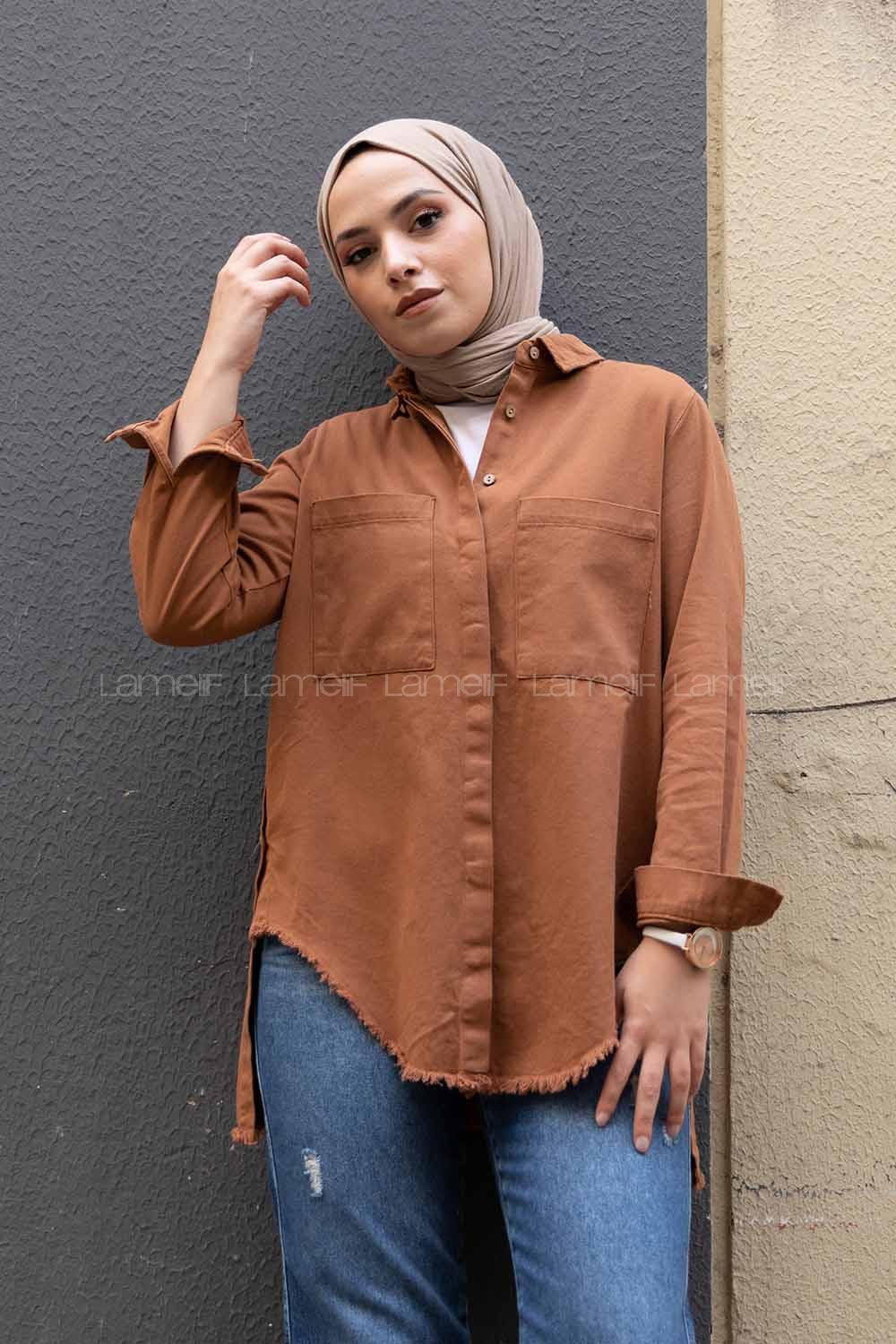 Modalamelif Önü Gizli Düğmeli Etek Ucu Püsküllü Ceket Taba