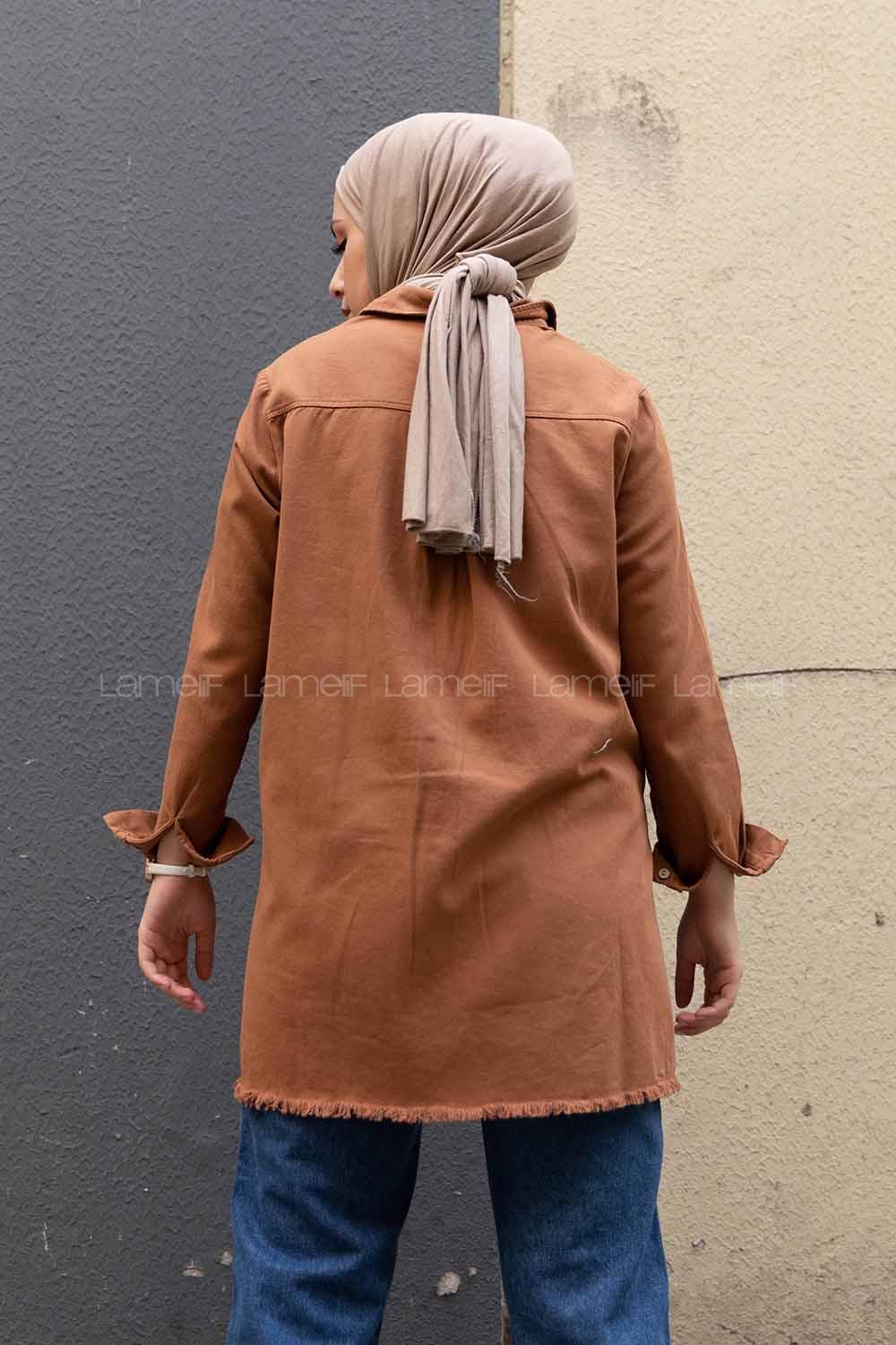 Modalamelif Önü Gizli Düğmeli Etek Ucu Püsküllü Ceket Taba