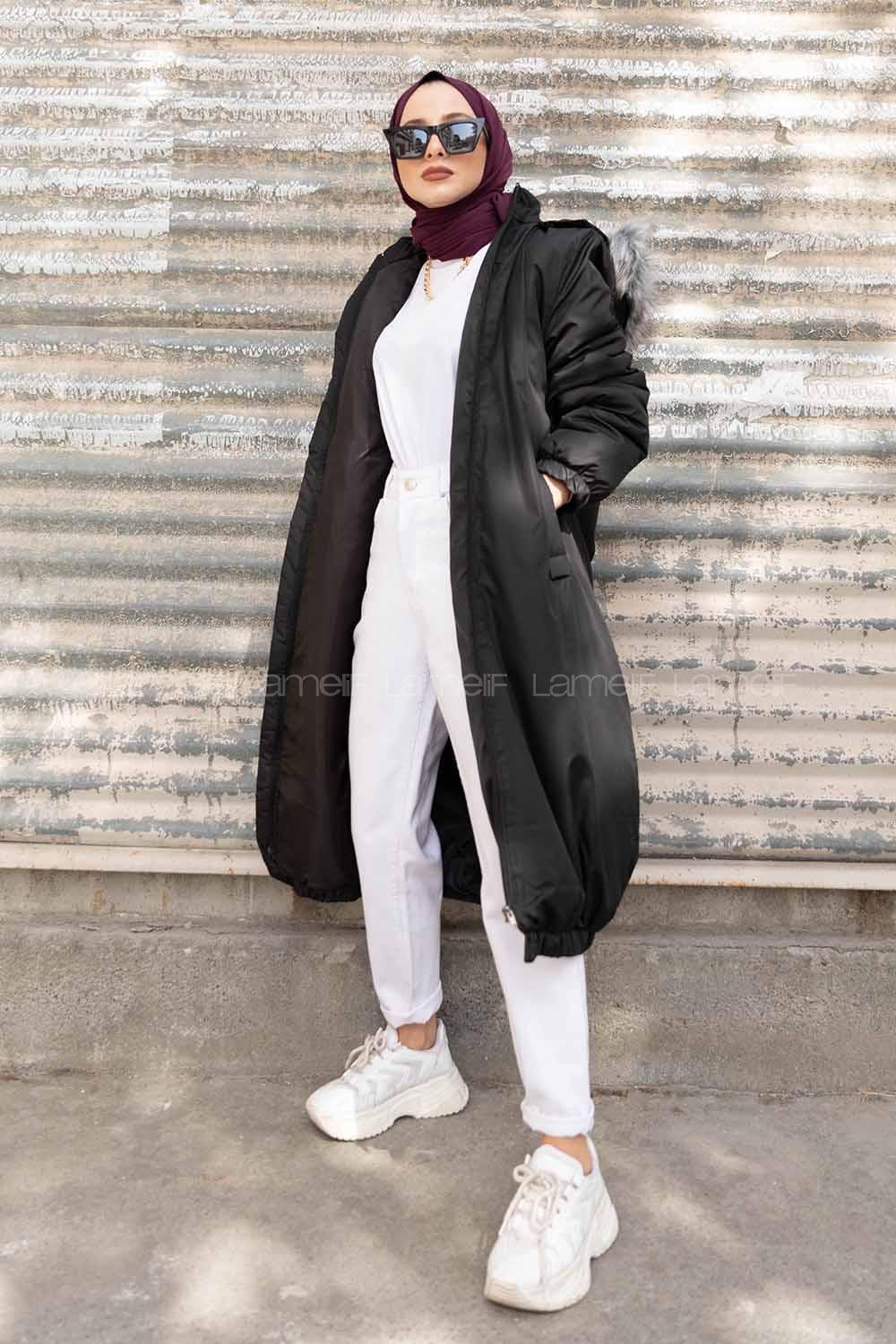 Modalamelif Önü Gizli Fermuarlı Kapşonlu Mont Siyah