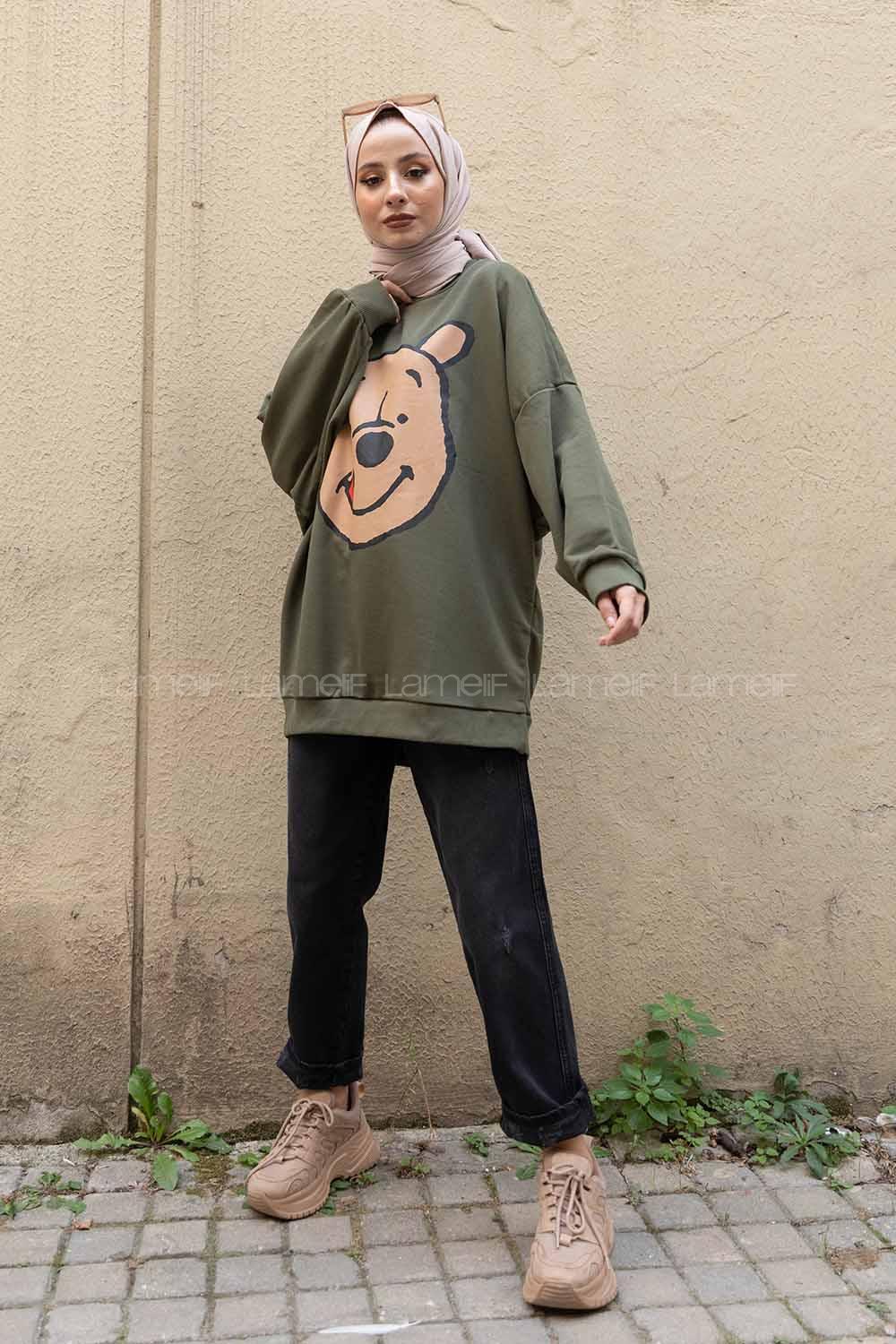 Modalamelif Önü Karikatür Baskılı Sweatshirt Haki