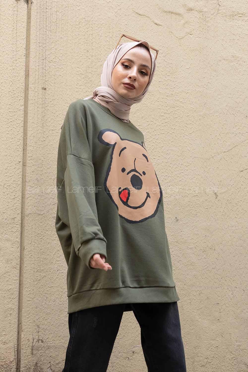 Modalamelif Önü Karikatür Baskılı Sweatshirt Haki