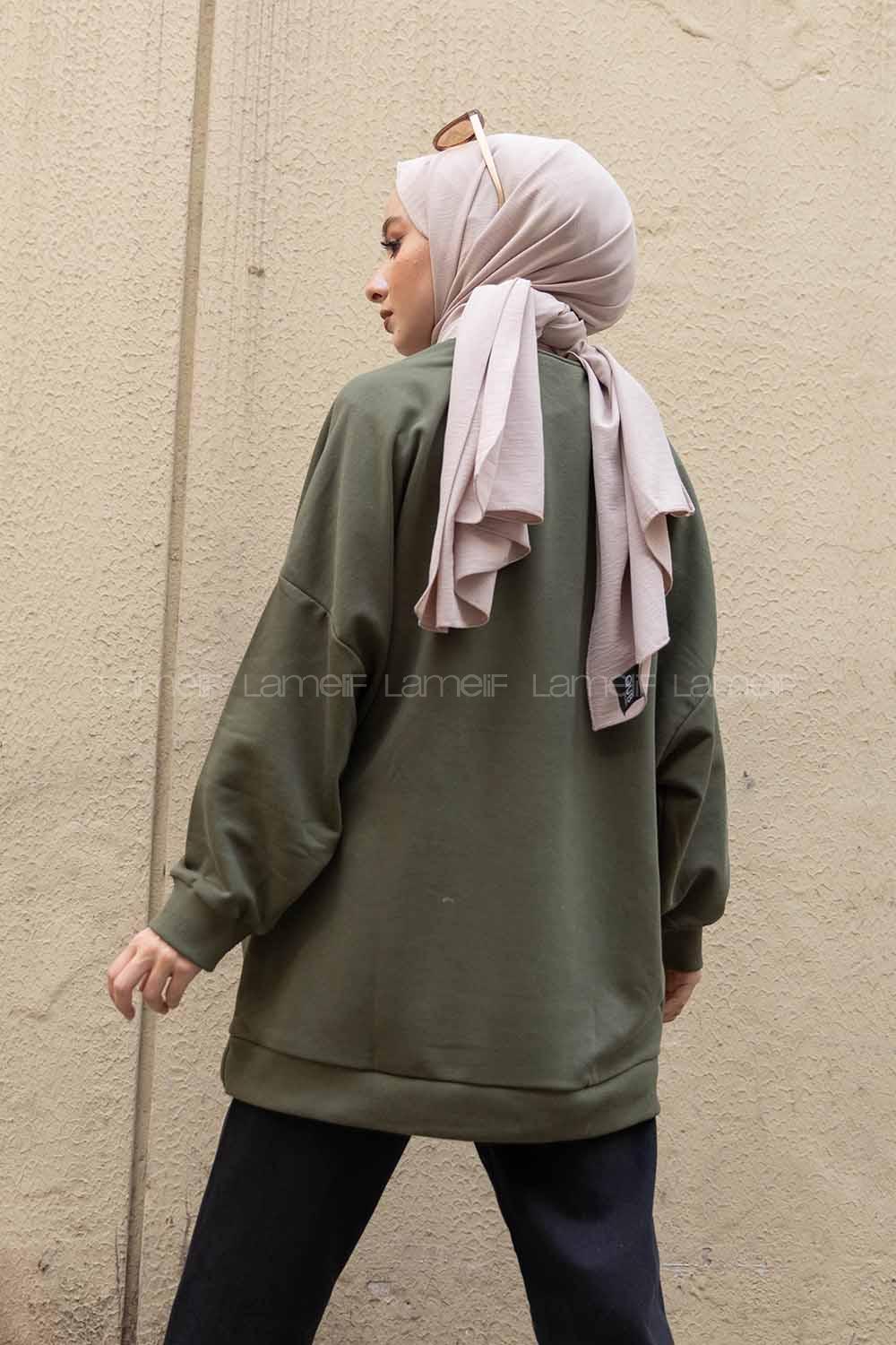 Modalamelif Önü Karikatür Baskılı Sweatshirt Haki