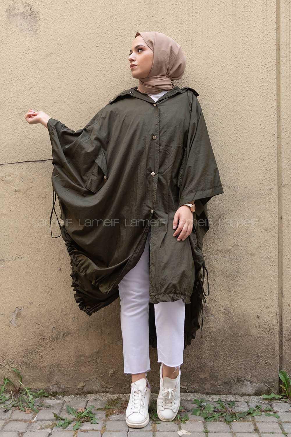 Modalamelif Oversize Kapşonlu Panço Haki