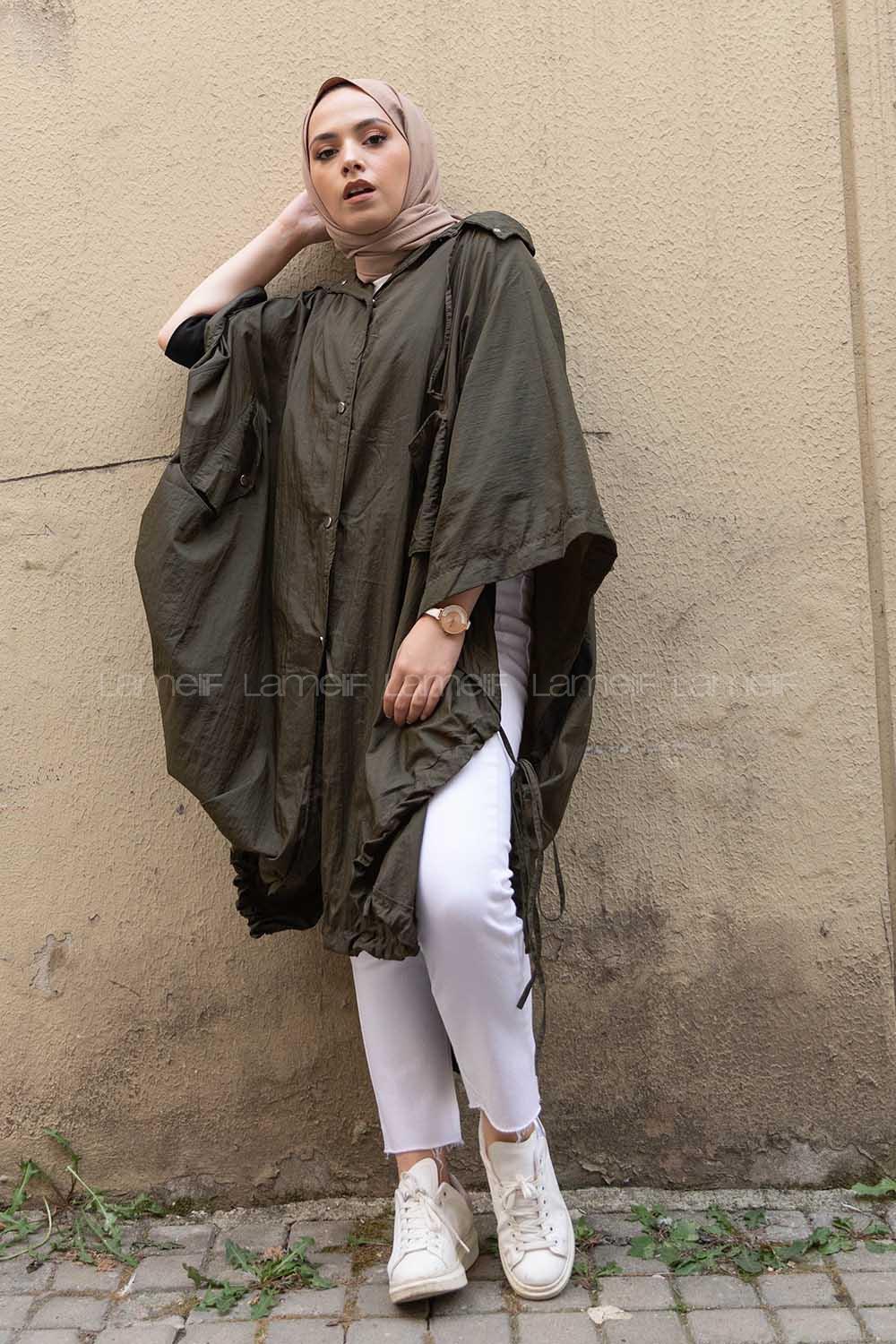 Modalamelif Oversize Kapşonlu Panço Haki
